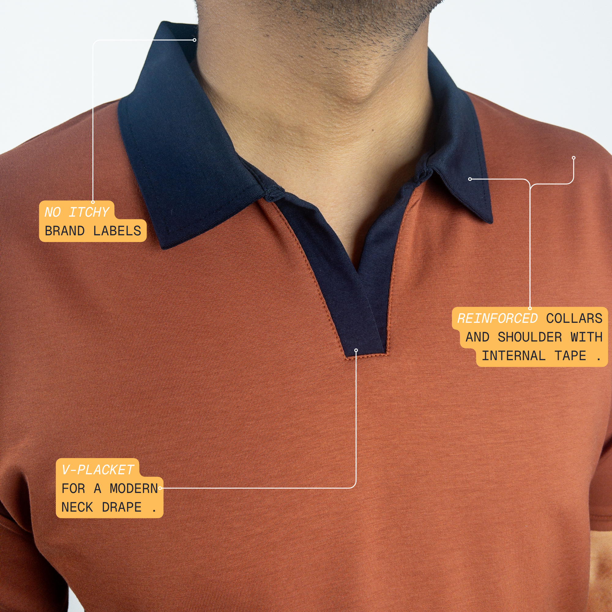 EverSharp Polo - No Ironing Needed - Rust + Navy V-Neck Collar