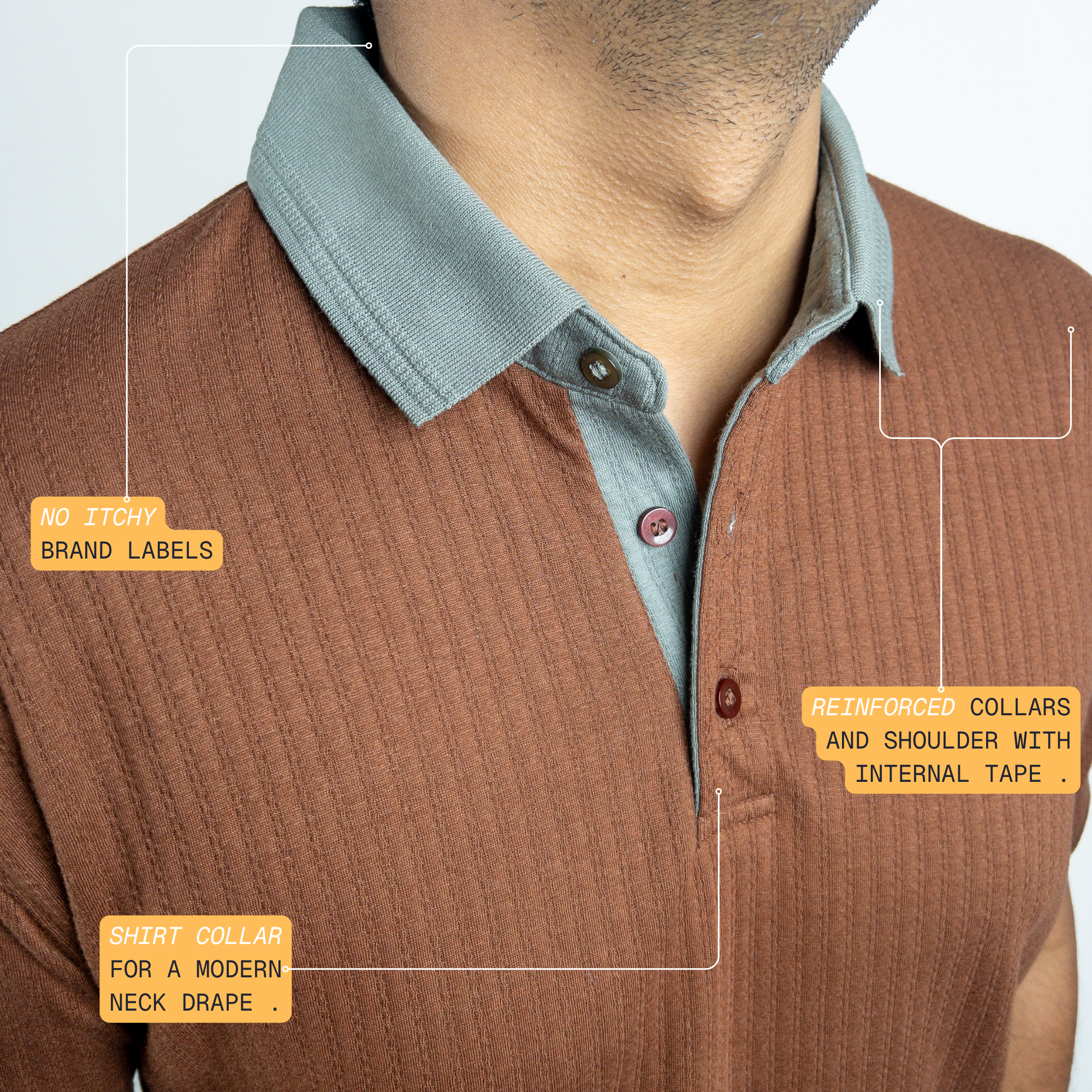 Aerotex Textured Polo - Coffee + Moss Shirt Collar