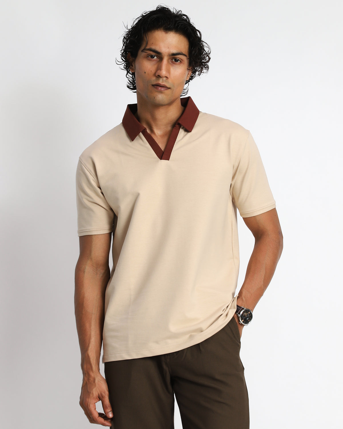 EverSharp Polo - No Ironing Needed - Beige - Mocha V-Neck Collar