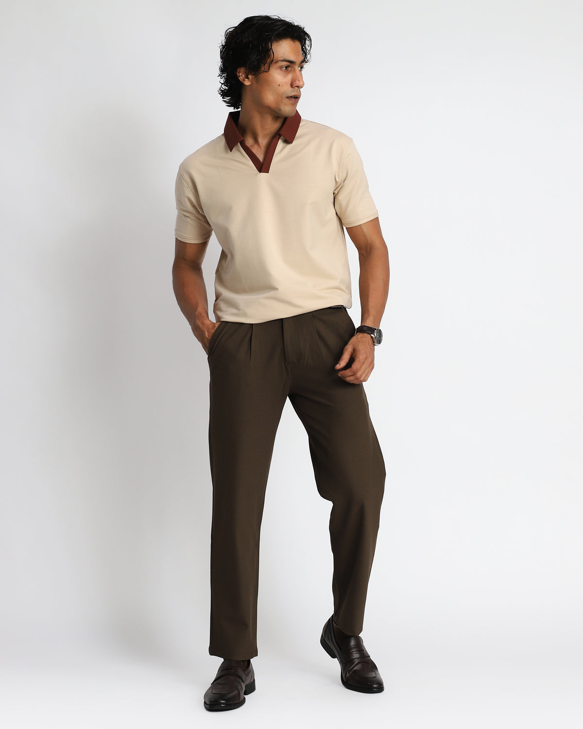 EverSharp Polo - No Ironing Needed - Beige - Mocha V-Neck Collar