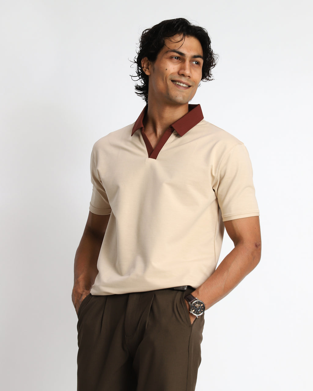 EverSharp Polo - No Ironing Needed - Beige - Mocha V-Neck Collar