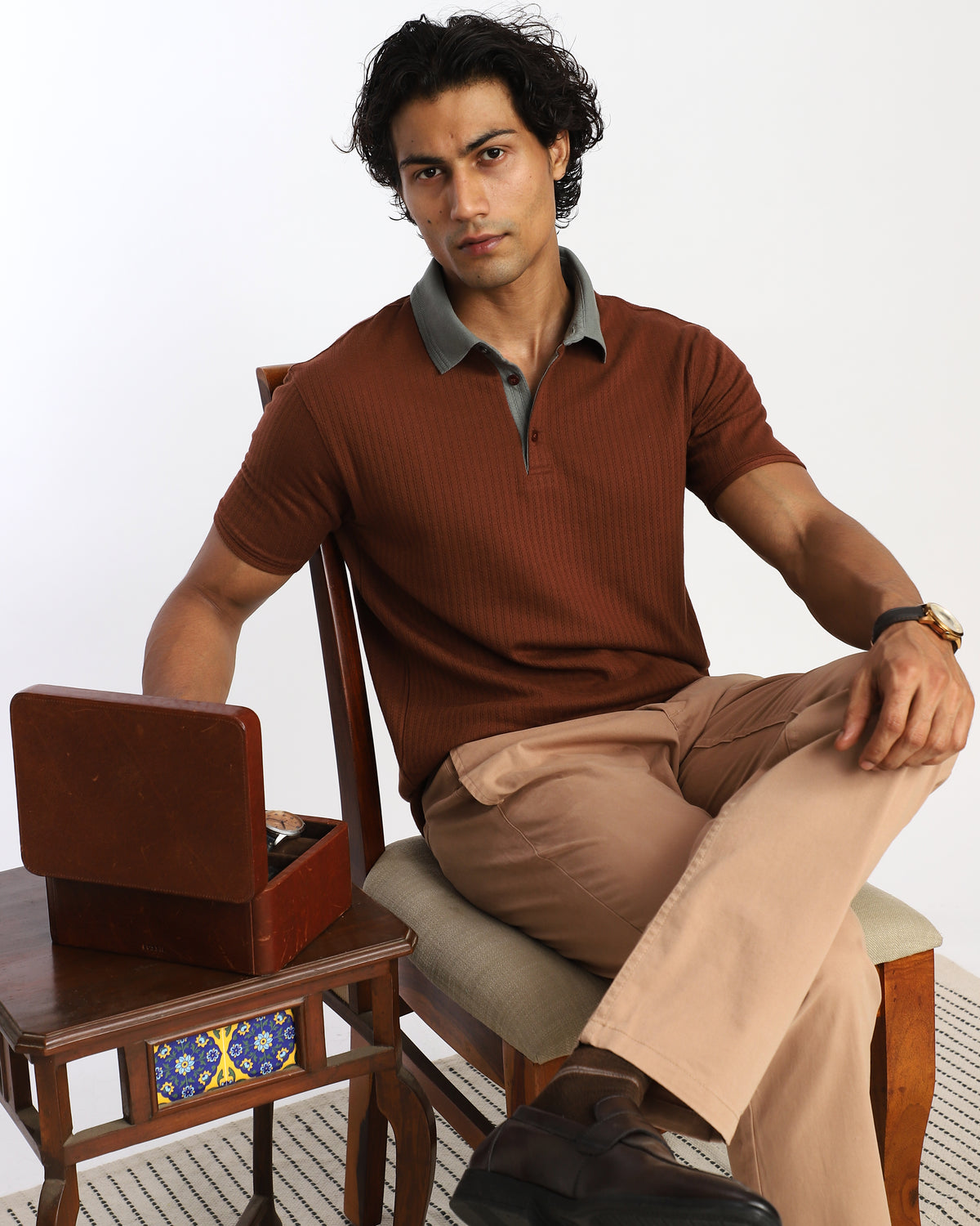 Aerotex Textured Polo - Coffee + Moss Shirt Collar