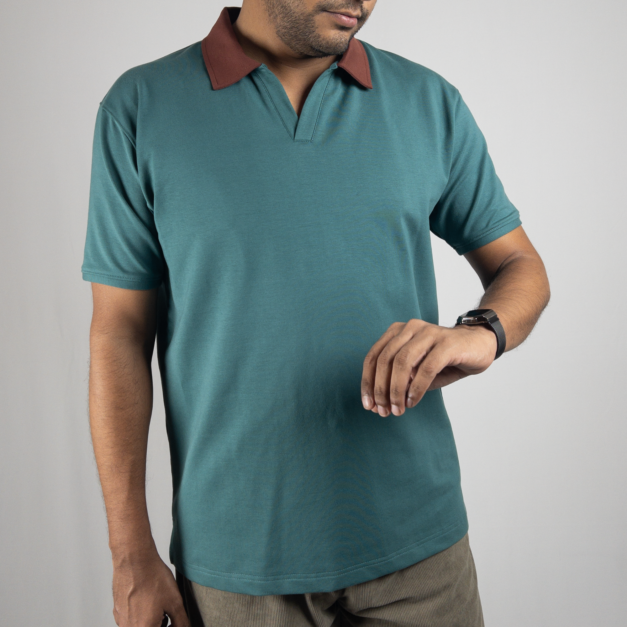 Dual Tone Emerald-Mocha V-Neck Polo