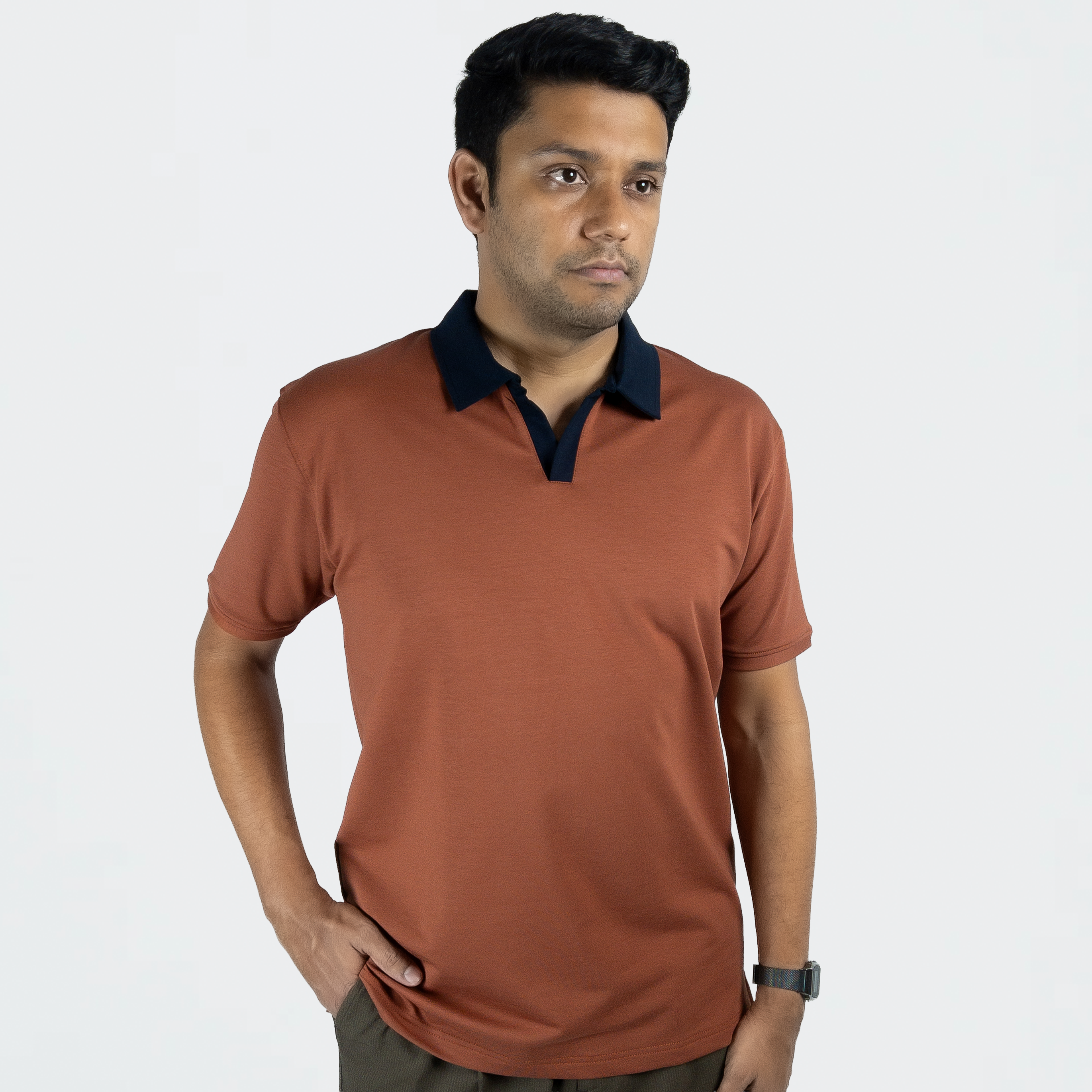 EverSharp Polo - No Ironing Needed - Rust + Navy V-Neck Collar