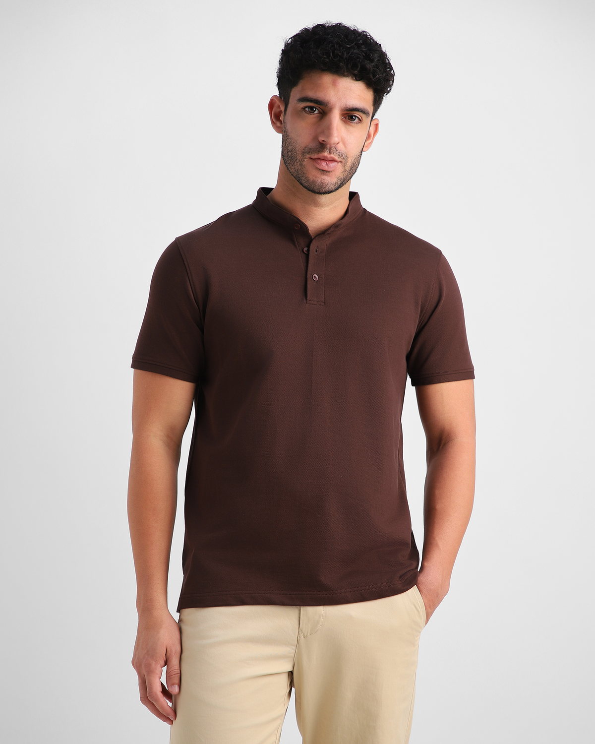 SoftForm Polo - Casual Comfort - Coffee Mandarin Collar