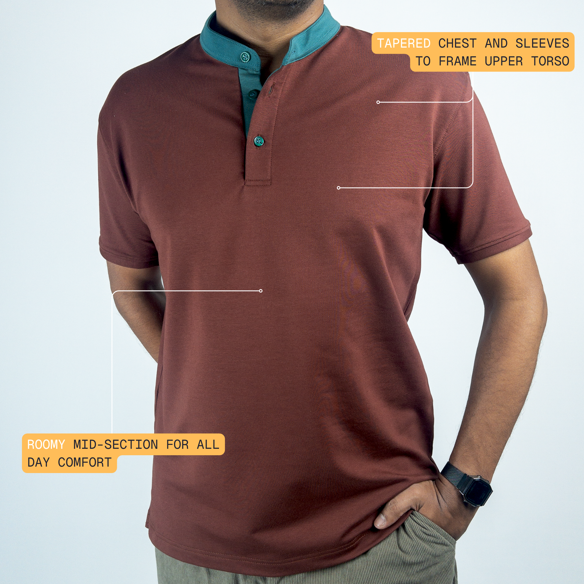 EverSharp Polo - No Ironing Needed - Mocha + Emerald Mandarin Collar