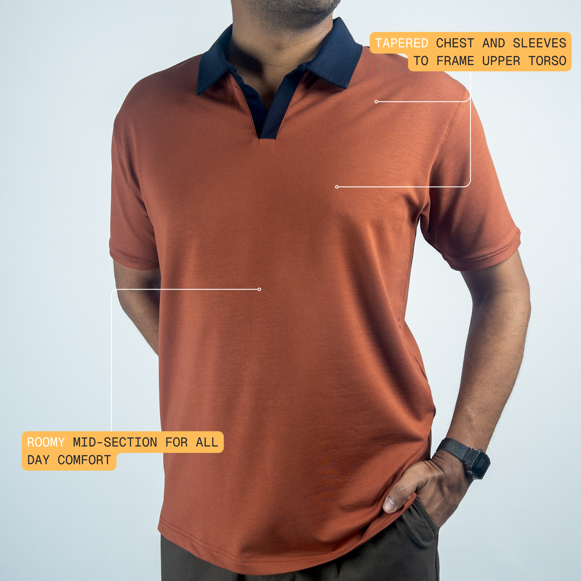 EverSharp Polo - No Ironing Needed - Rust + Navy V-Neck Collar