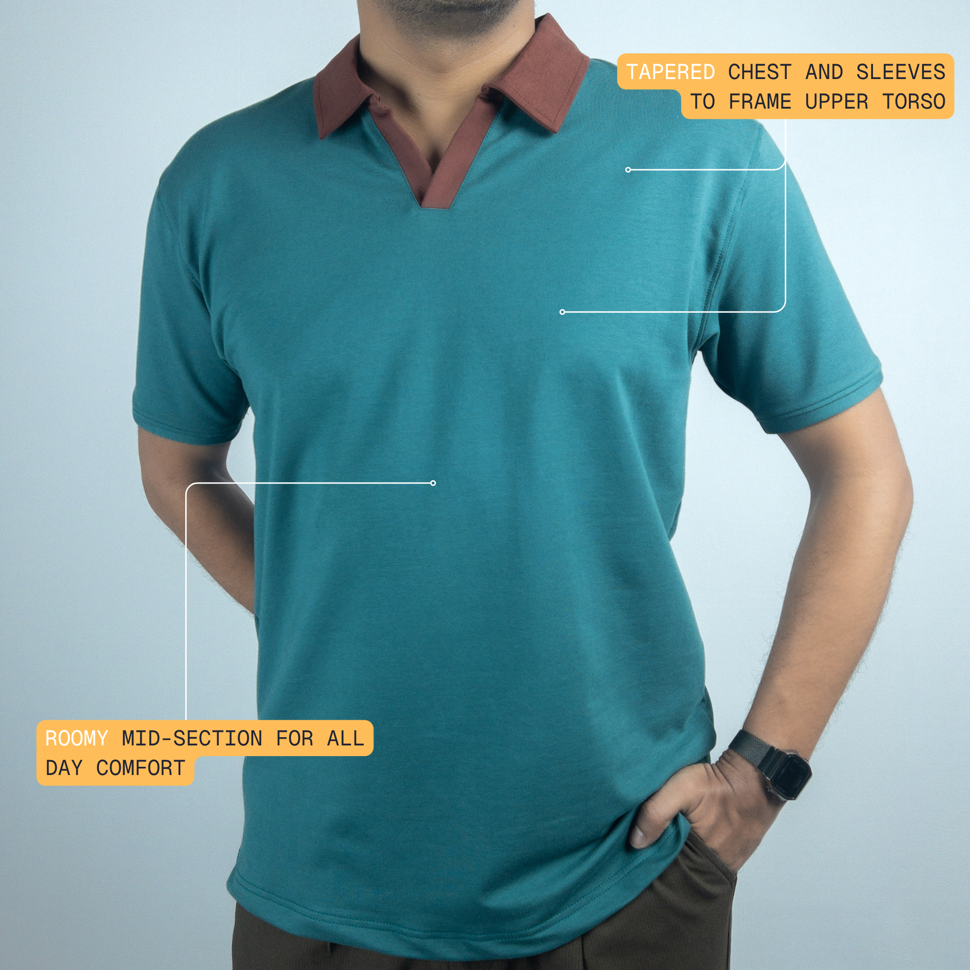 EverSharp Polo - No Ironing Needed - Emerald + Mocha V-Neck Collar