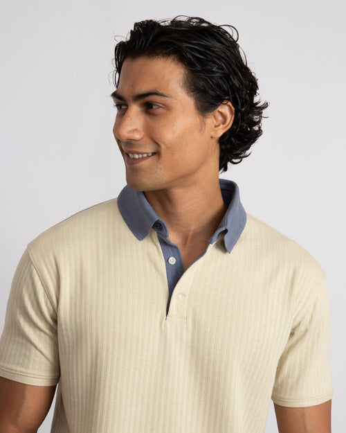 Aerotex Textured Polo - Butter + Cobalt Shirt-Collar