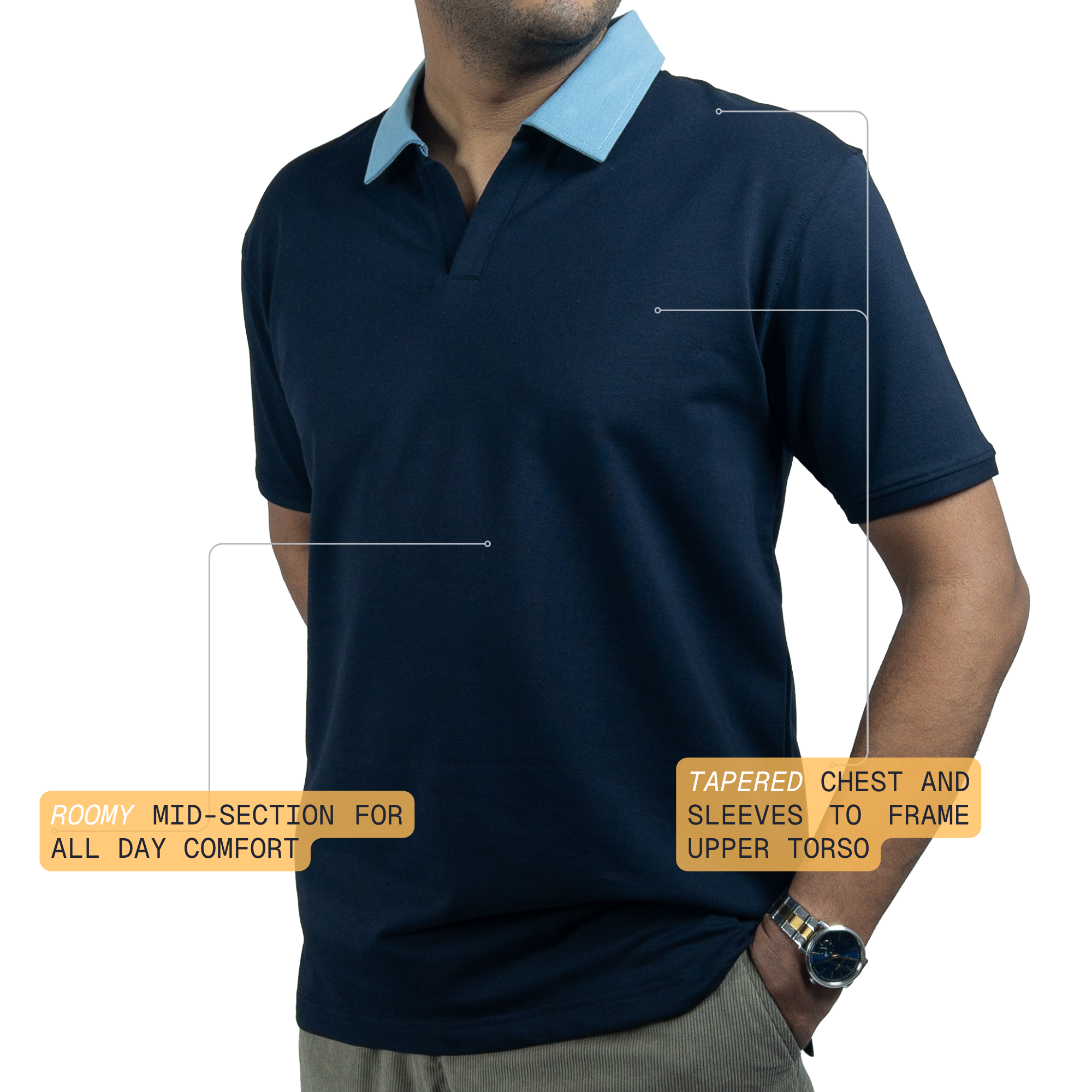 EverSharp Polo - No Ironing Needed - Navy + Sky Blue V-Neck Collar