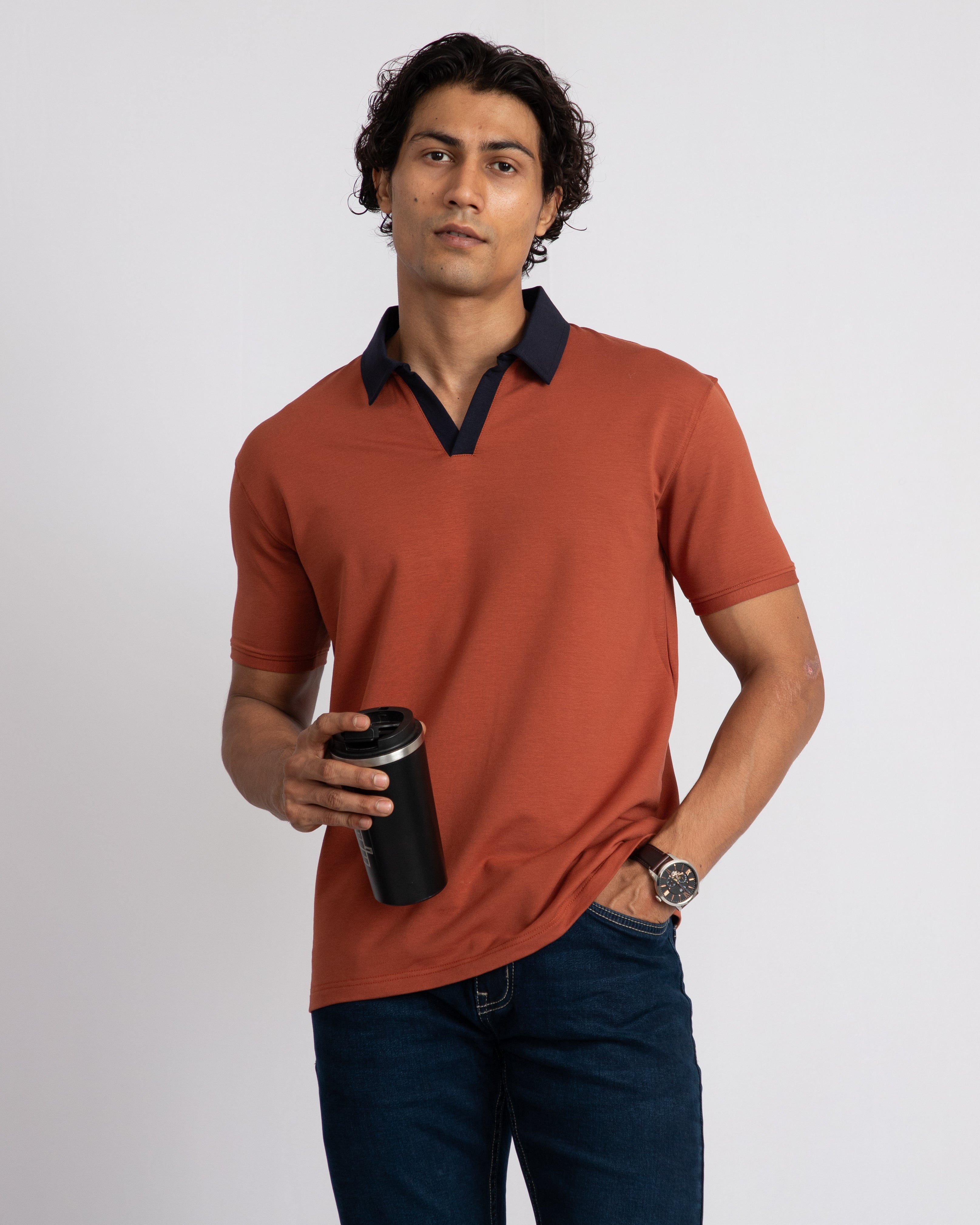 EverSharp Polo - No Ironing Needed - Rust + Navy V-Neck Collar