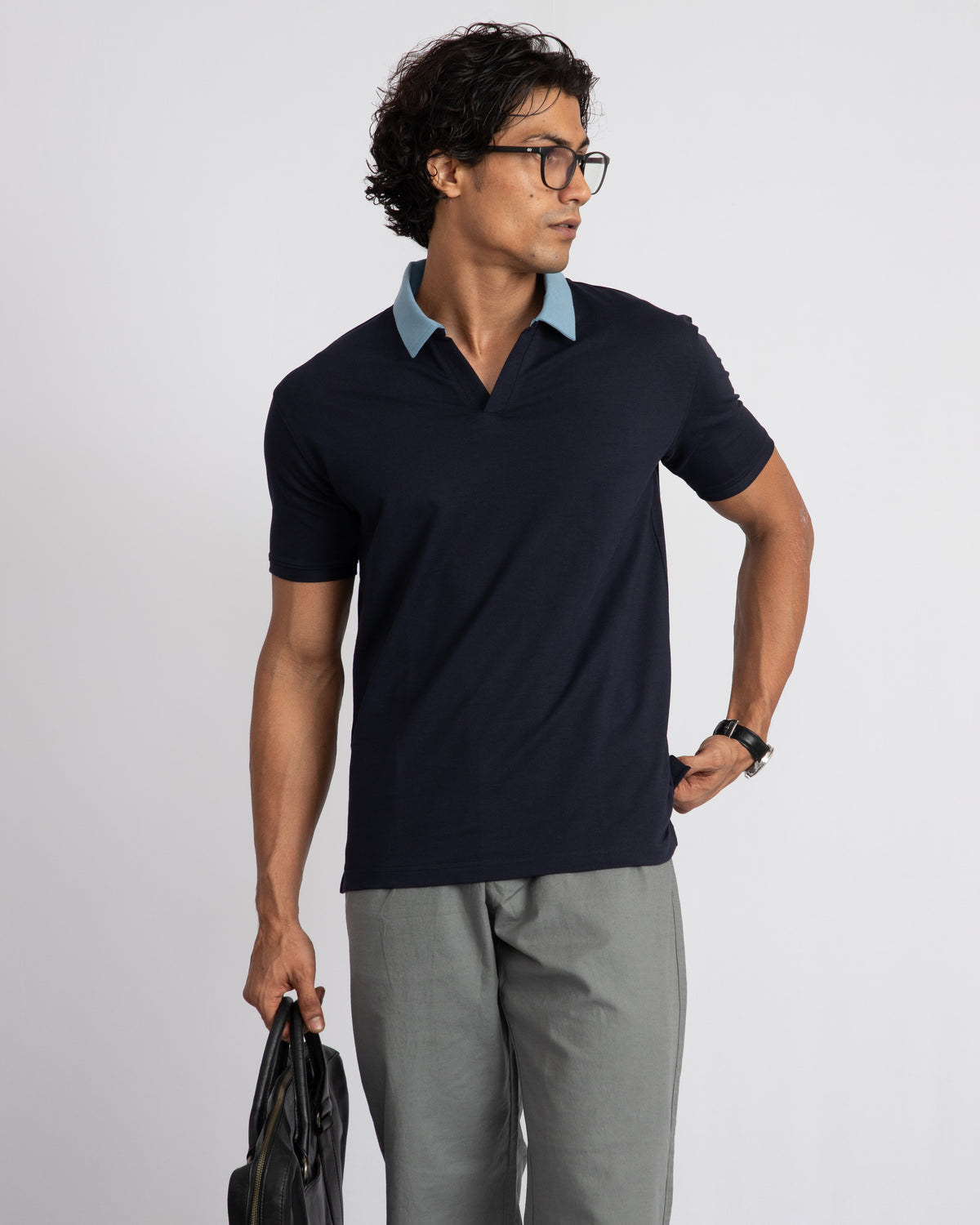 EverSharp Polo - No Ironing Needed - Navy + Sky Blue V-Neck Collar