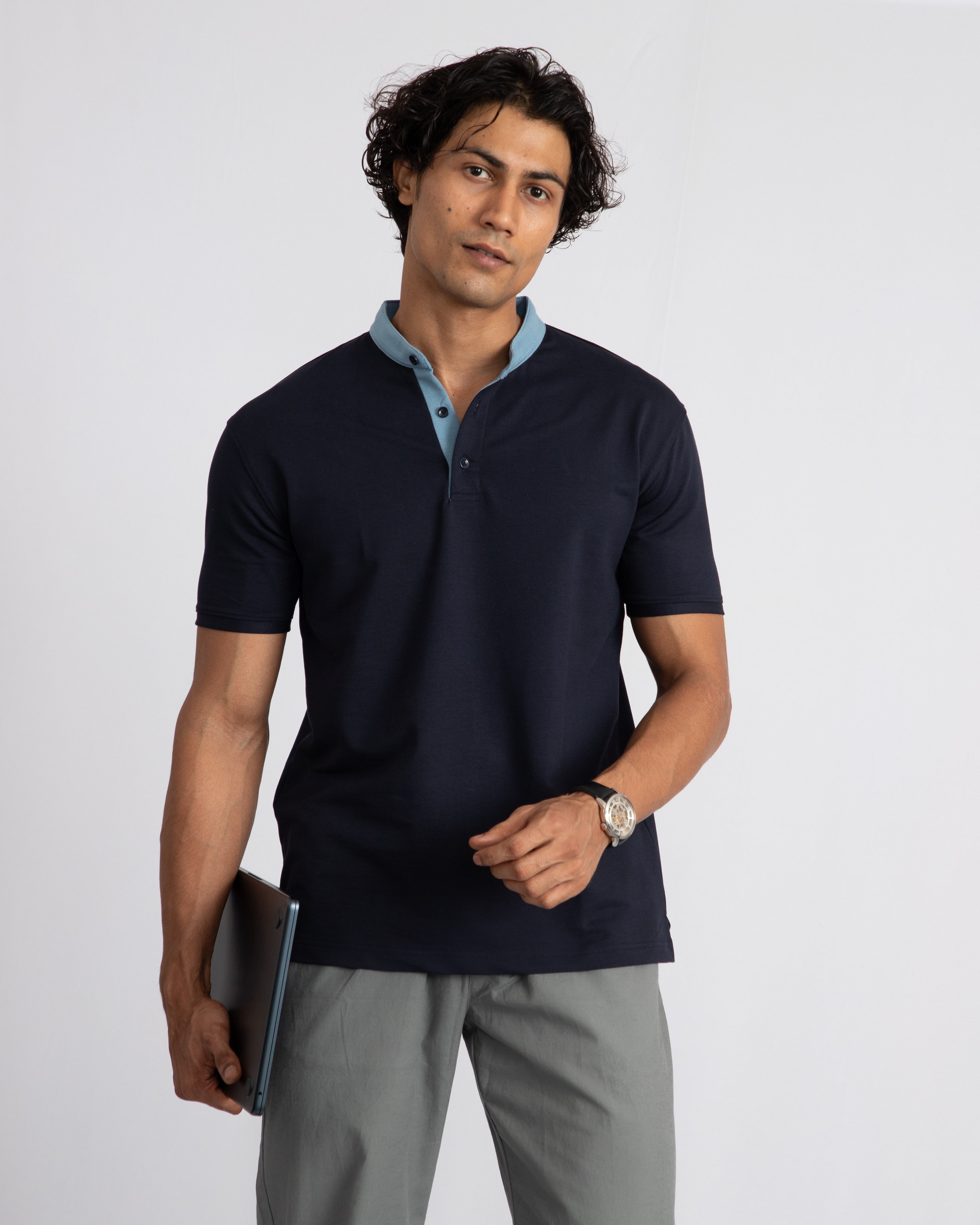 EverSharp Polo - No Ironing Needed - Navy + Sky Mandarin Collar
