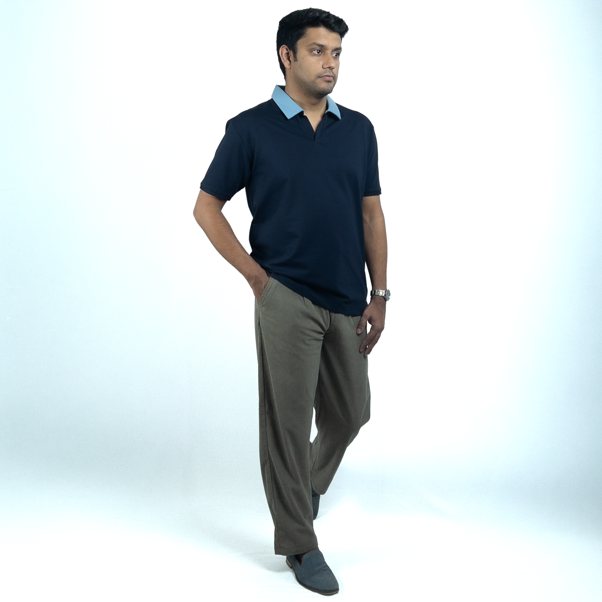 EverSharp Polo - No Ironing Needed - Navy + Sky Blue V-Neck Collar