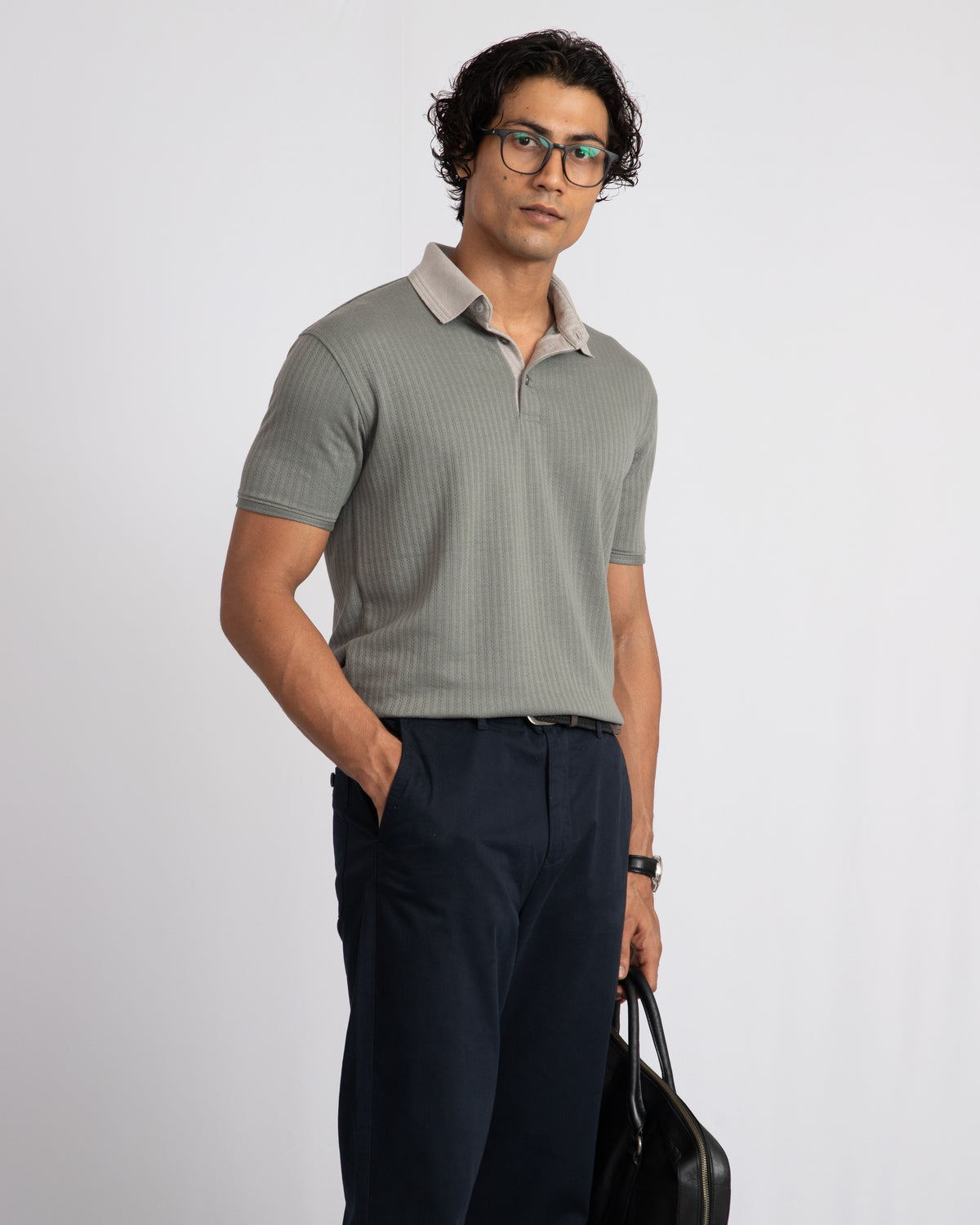 Aerotex Textured Polo - Moss + Concrete Shirt-Collar