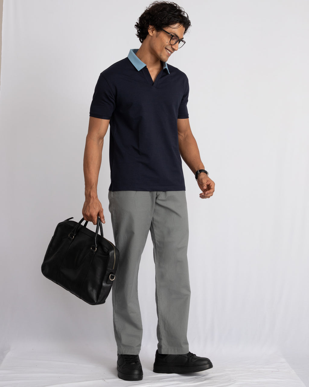 EverSharp Polo - No Ironing Needed - Navy + Sky Blue V-Neck Collar