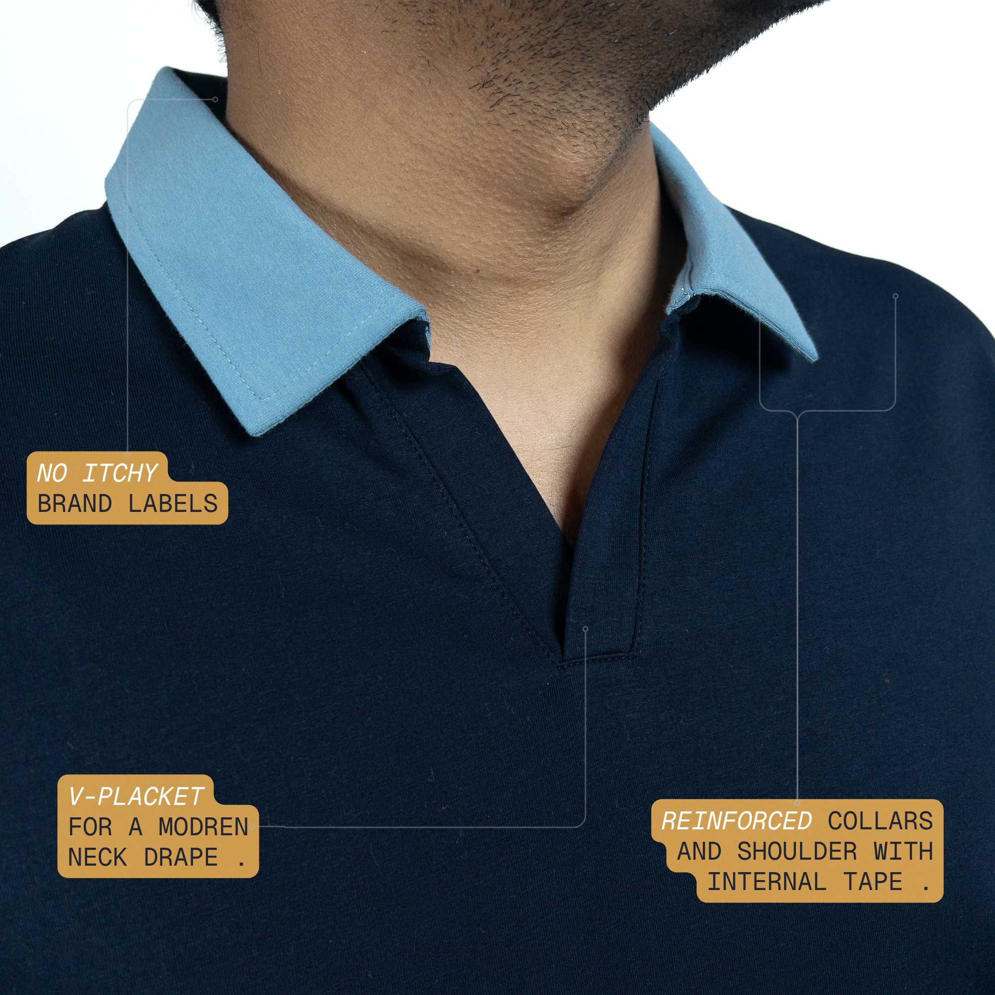 EverSharp Polo - No Ironing Needed - Navy + Sky Blue V-Neck Collar