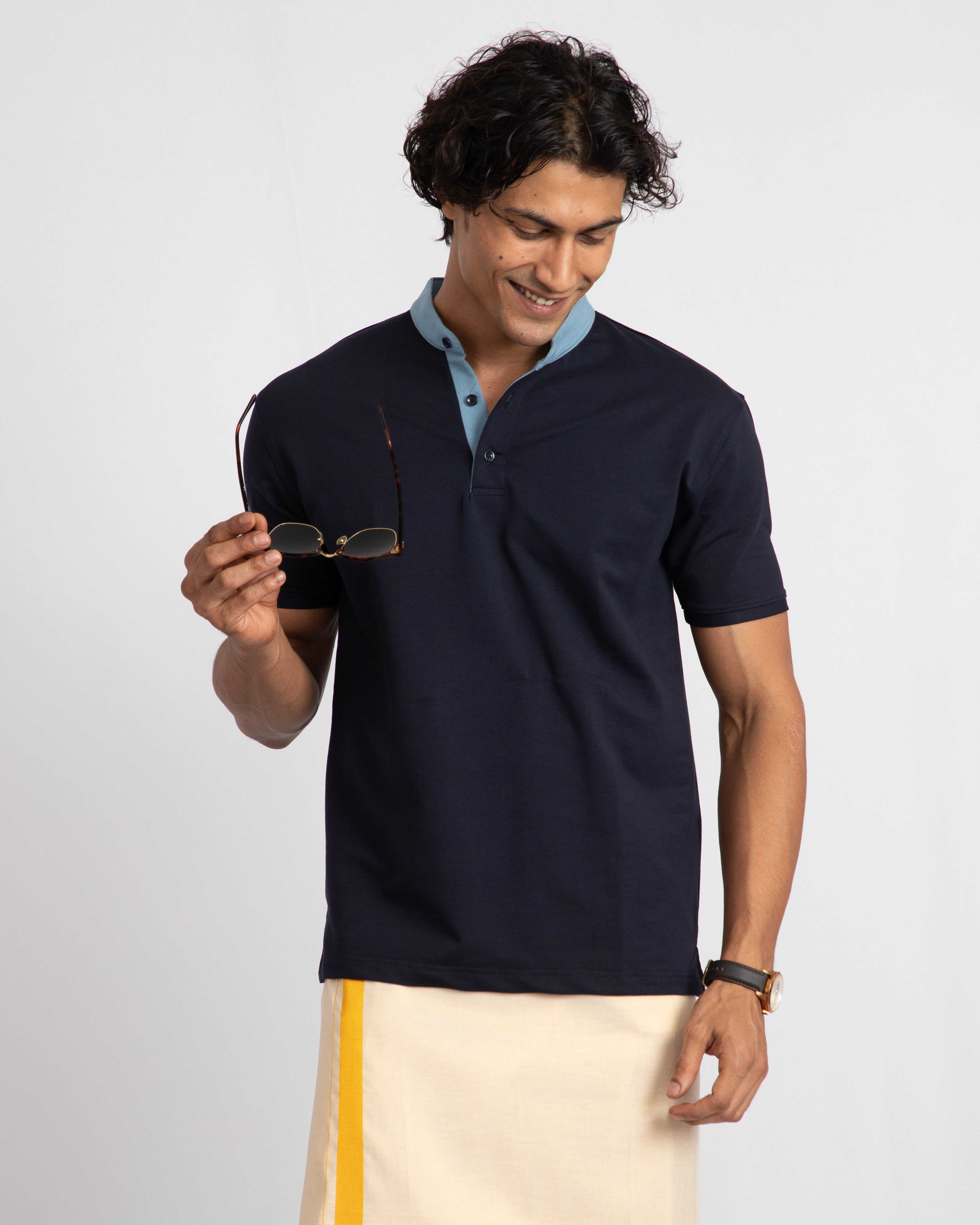 EverSharp Polo - No Ironing Needed - Navy + Sky Mandarin Collar