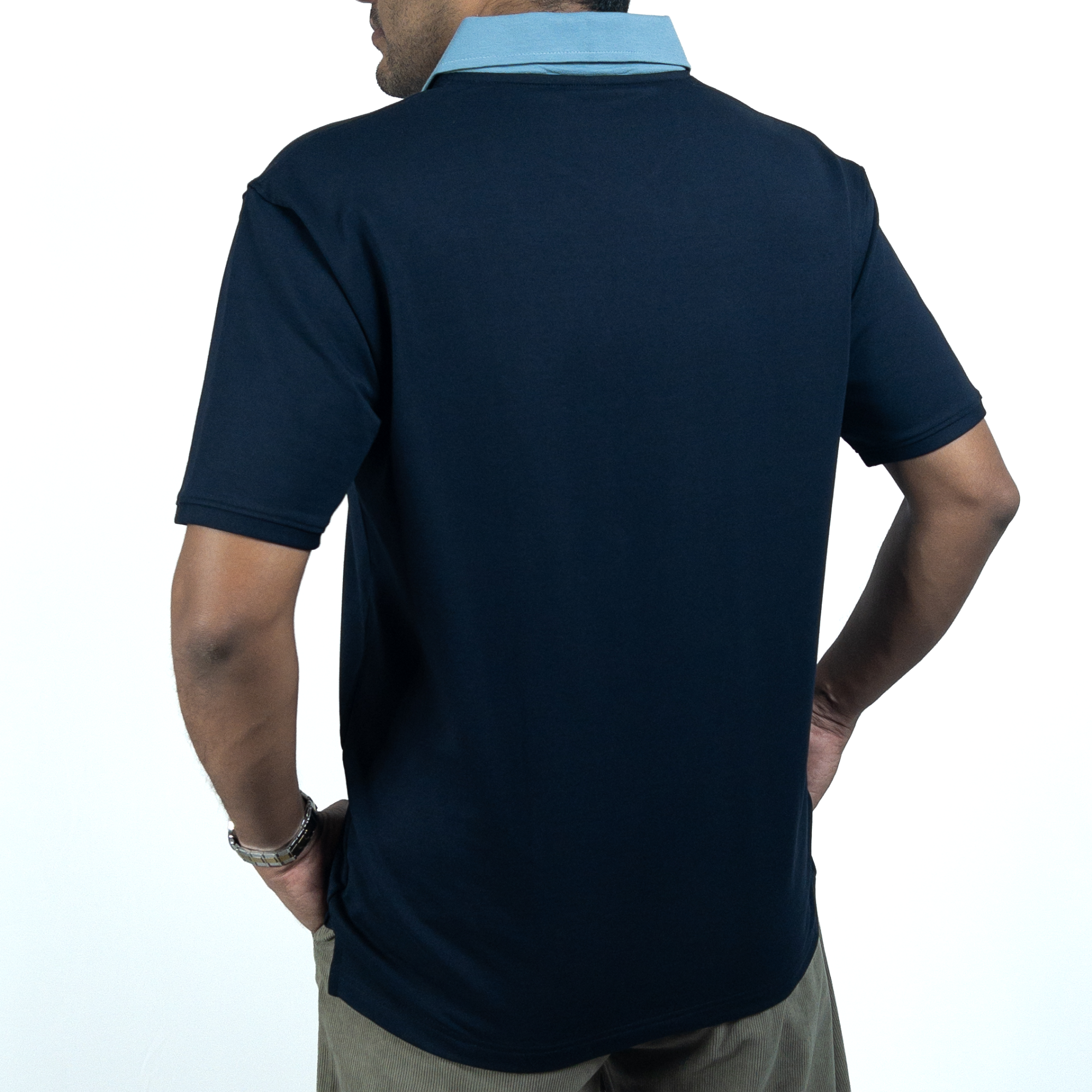 EverSharp Polo - No Ironing Needed - Navy + Sky Blue V-Neck Collar