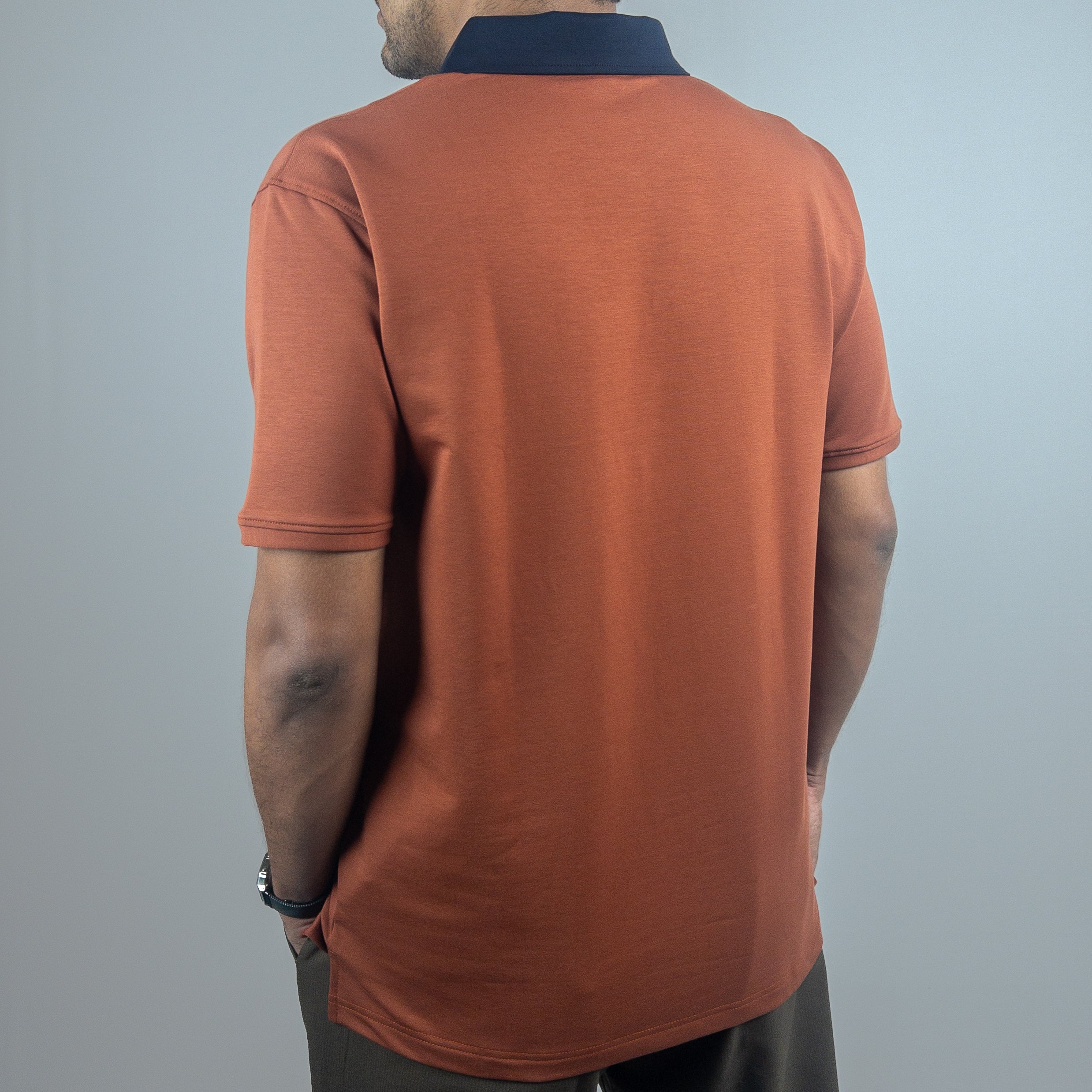 EverSharp Polo - No Ironing Needed - Rust + Navy V-Neck Collar