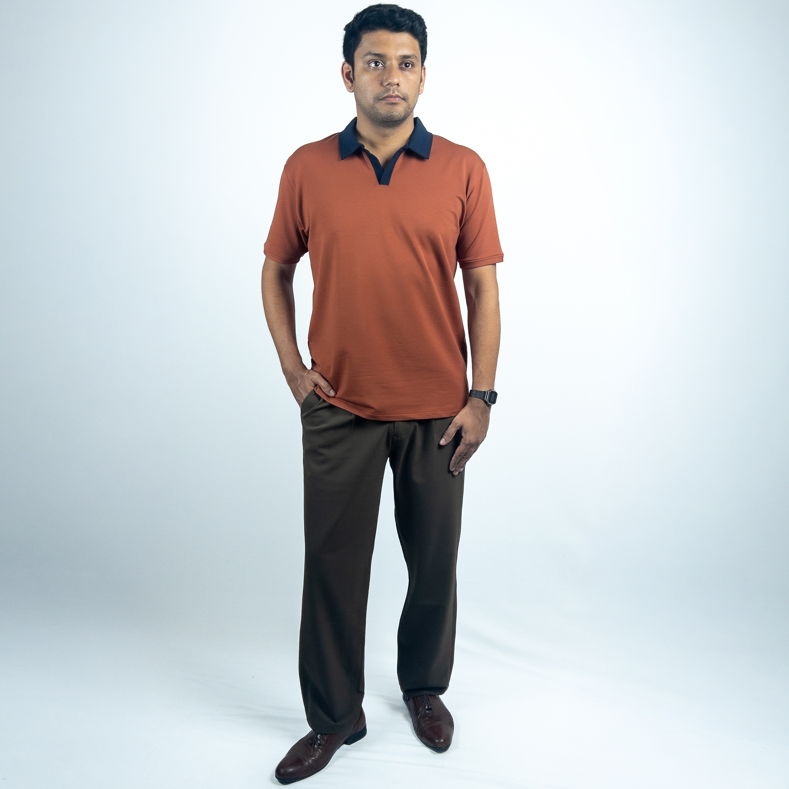 EverSharp Polo - No Ironing Needed - Rust + Navy V-Neck Collar