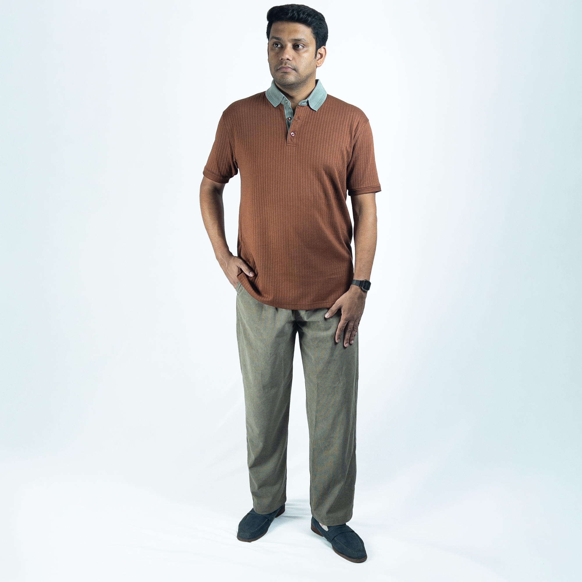 Aerotex Textured Polo - Coffee + Moss Shirt Collar