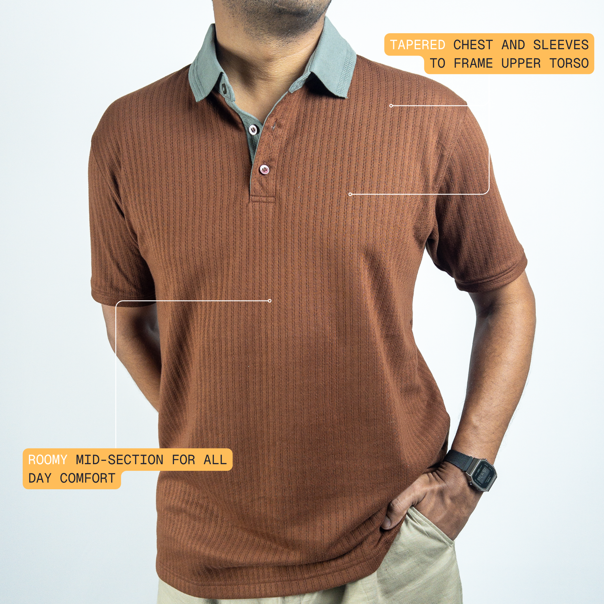 Aerotex Textured Polo - Coffee + Moss Shirt Collar