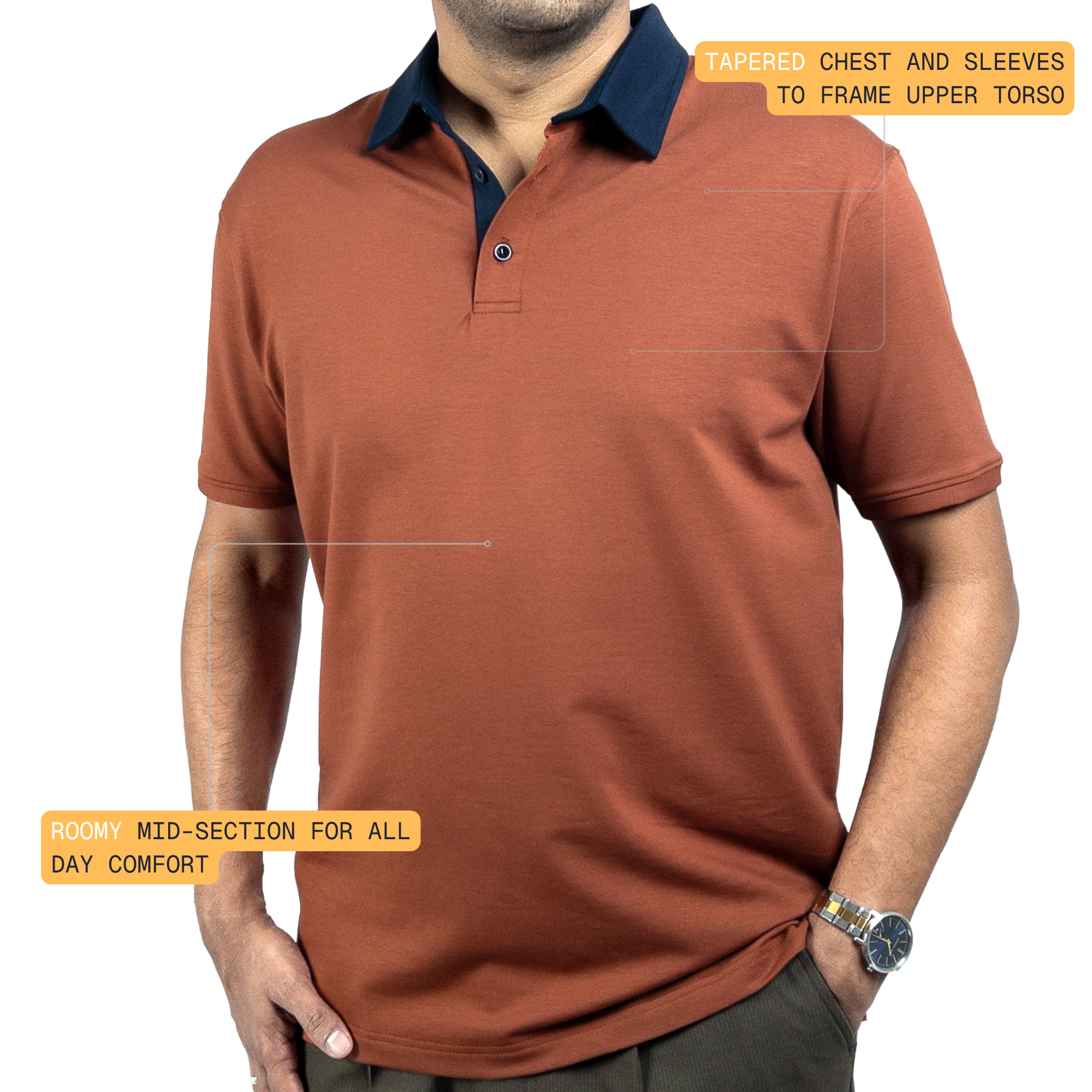 EverSharp Polo - No Ironing Needed - Rust + Navy - Shirt Collar