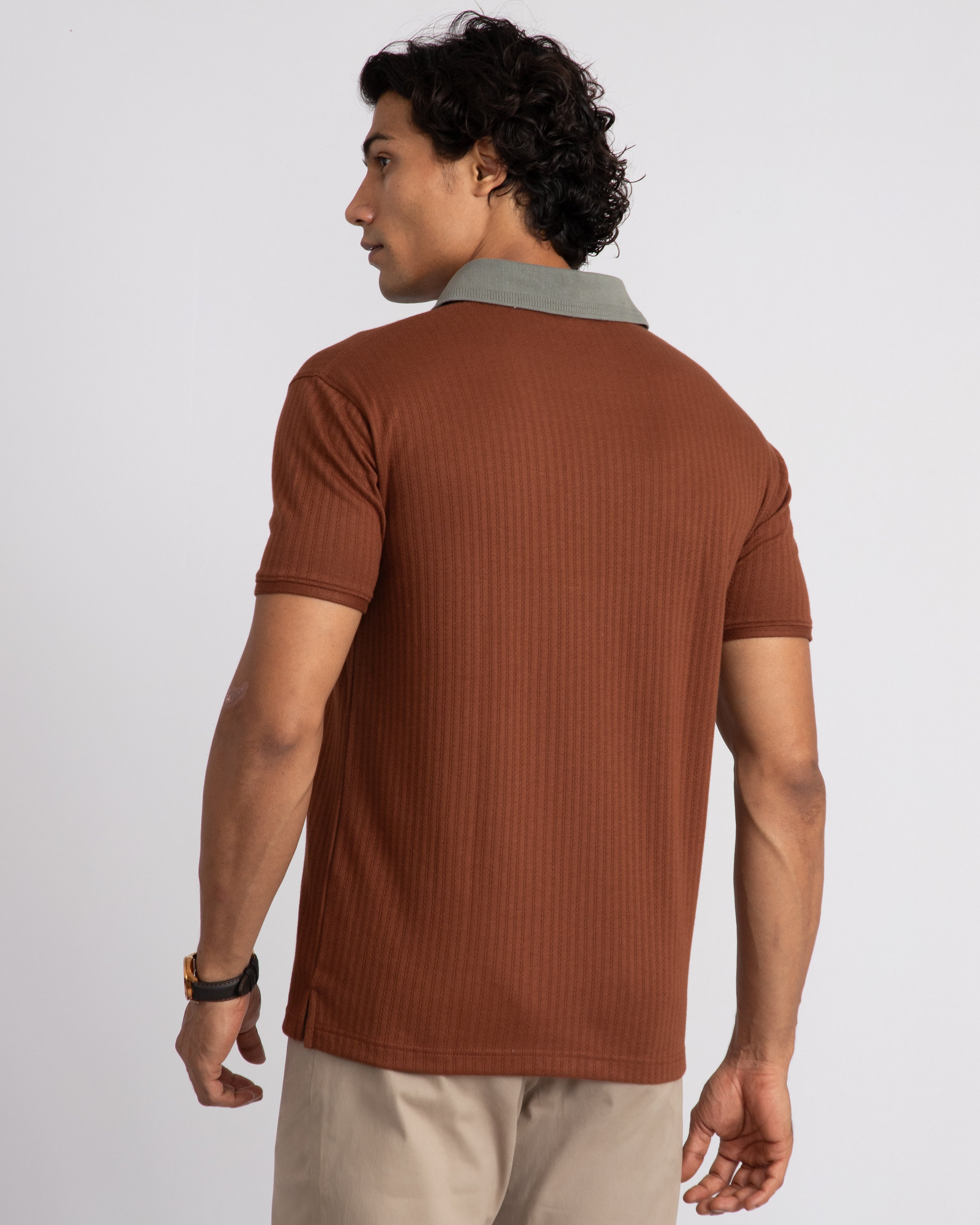 Aerotex Textured Polo - Coffee + Moss Shirt Collar