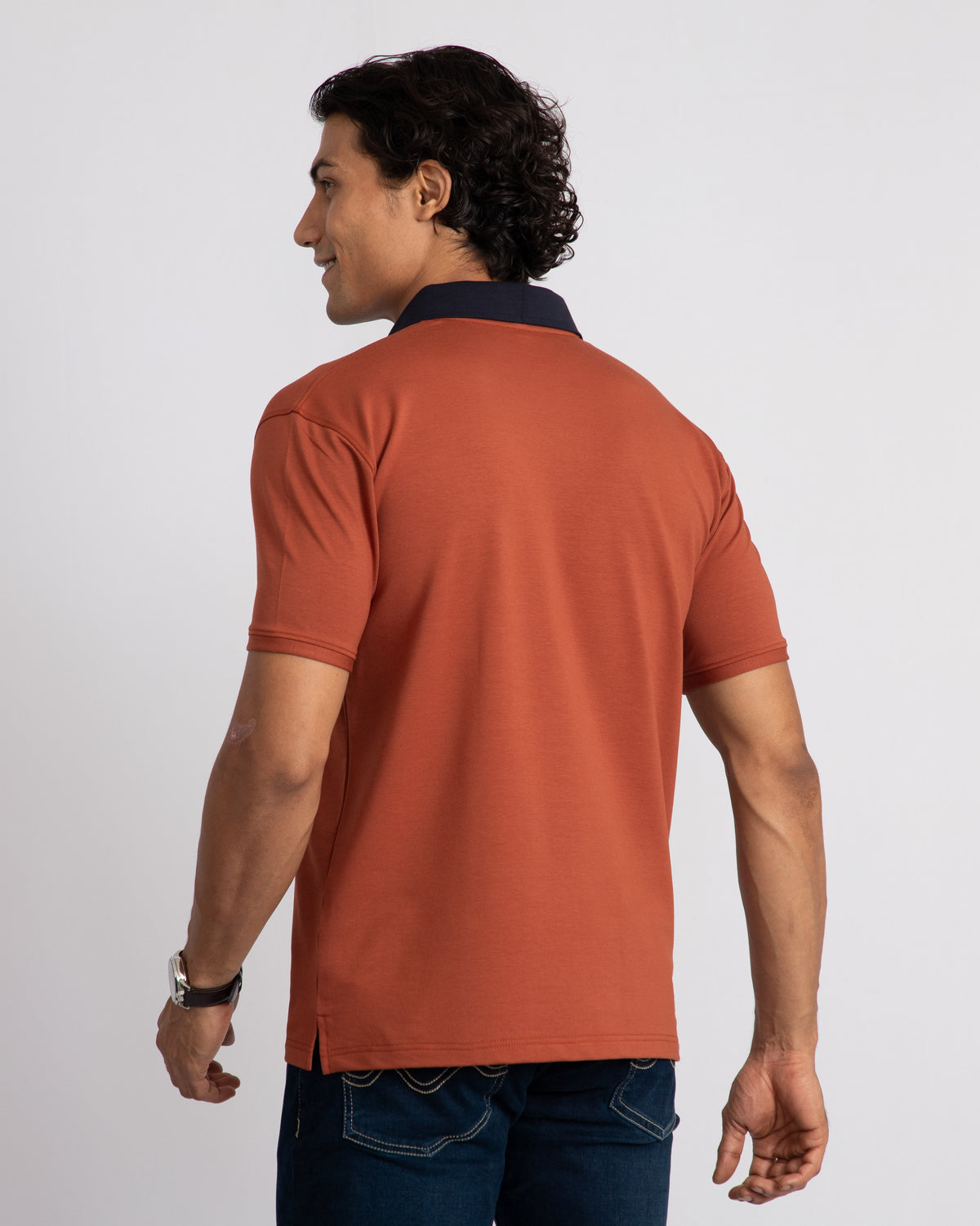 EverSharp Polo - No Ironing Needed - Rust + Navy V-Neck Collar