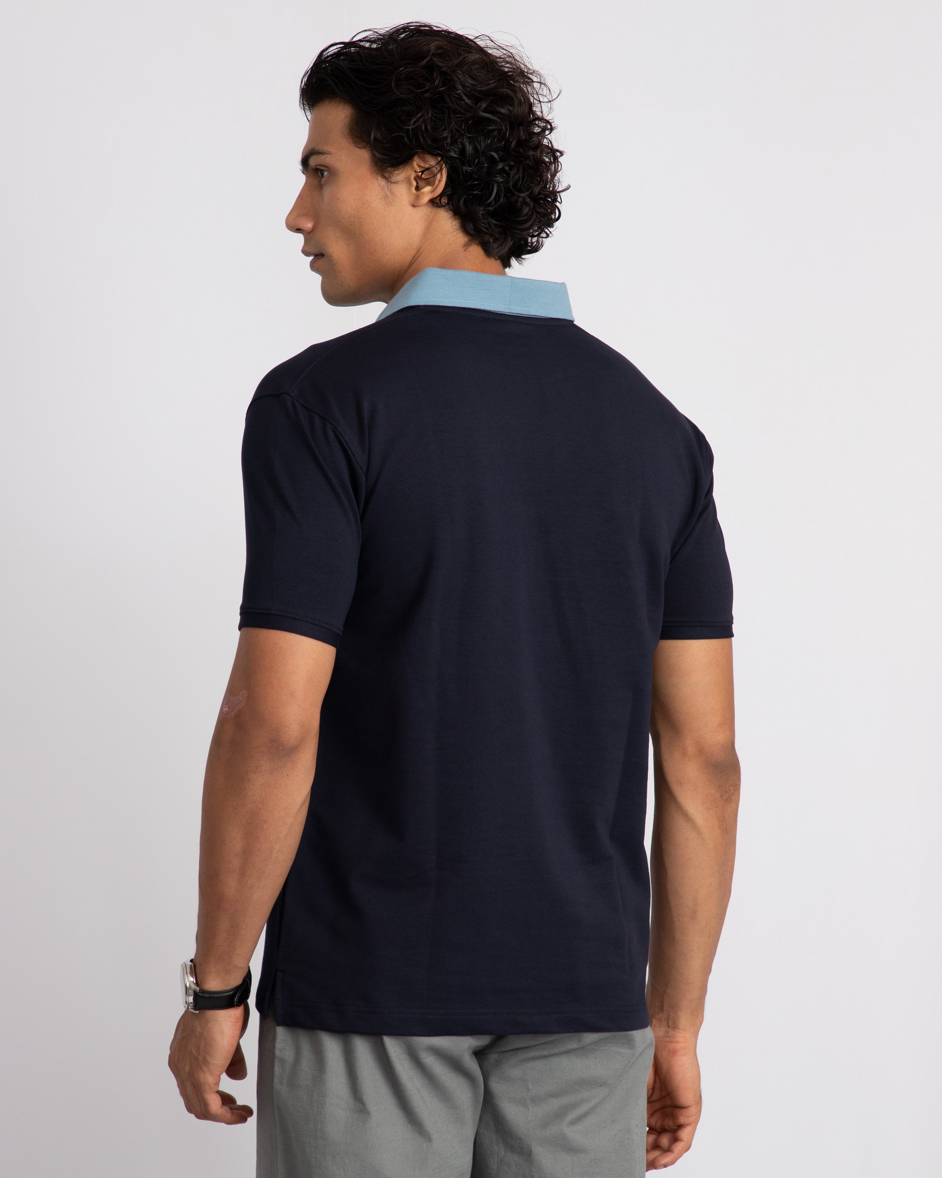 EverSharp Polo - No Ironing Needed - Navy + Sky Blue V-Neck Collar