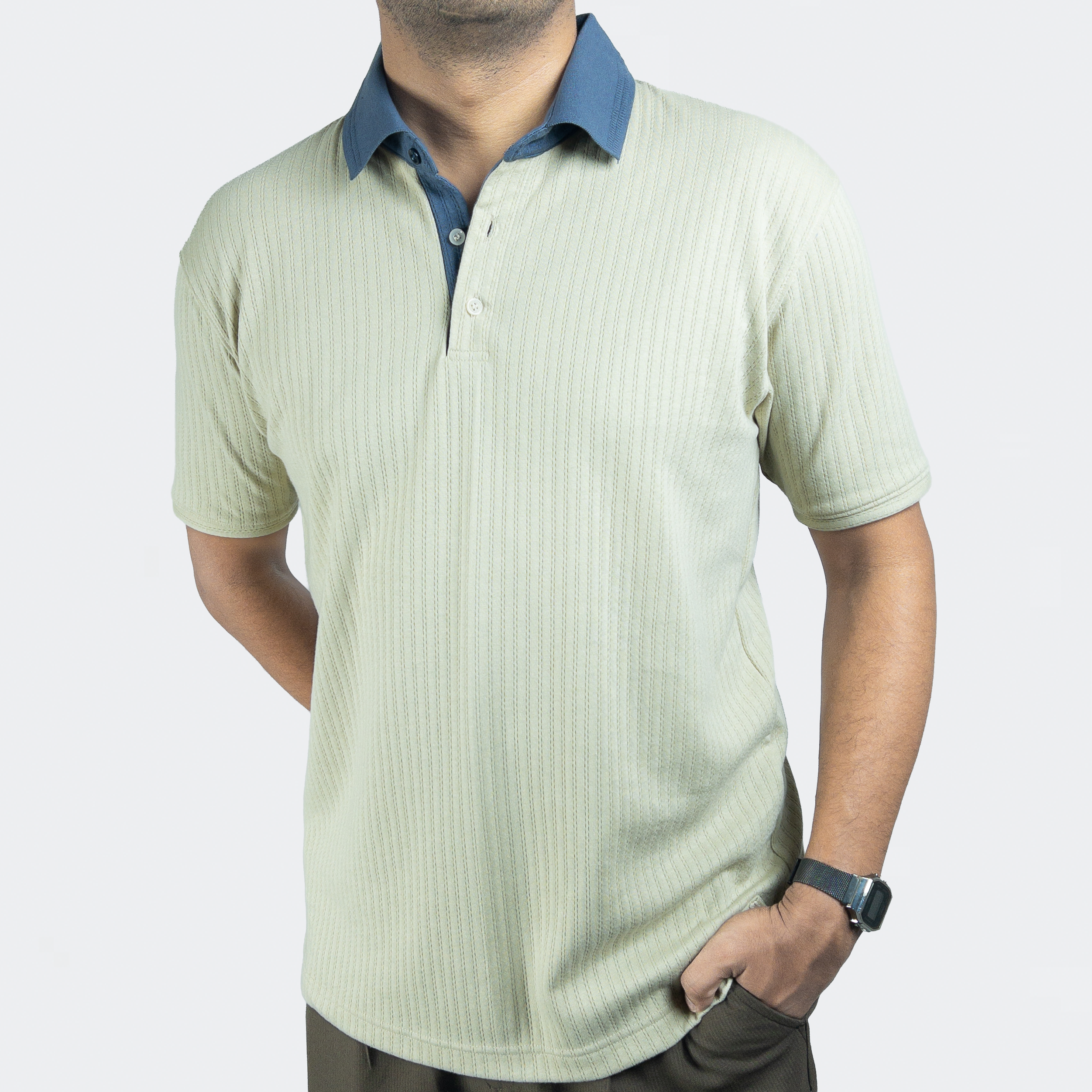 Aerotex Textured Polo - Butter + Cobalt Shirt-Collar