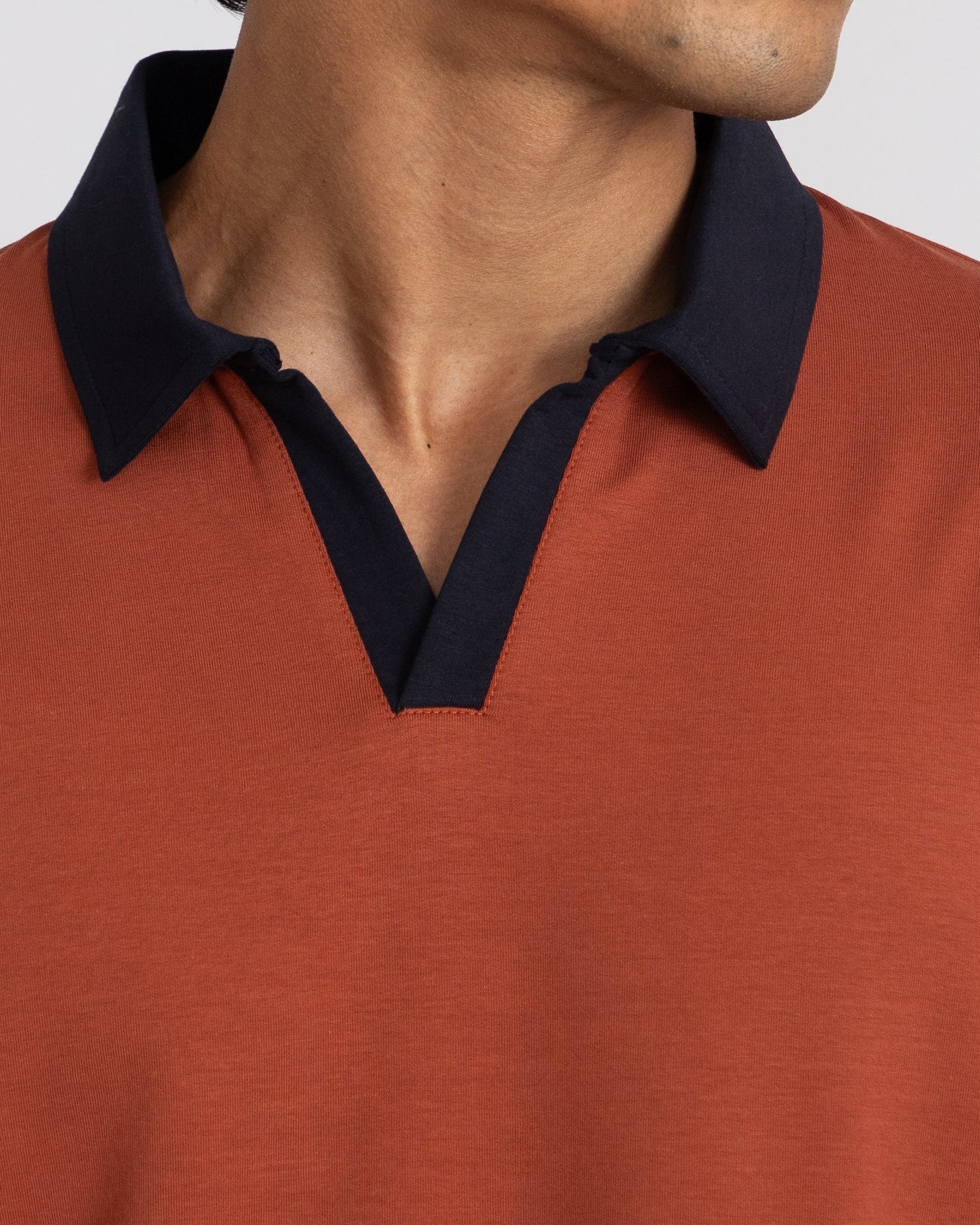 EverSharp Polo - No Ironing Needed - Rust + Navy V-Neck Collar