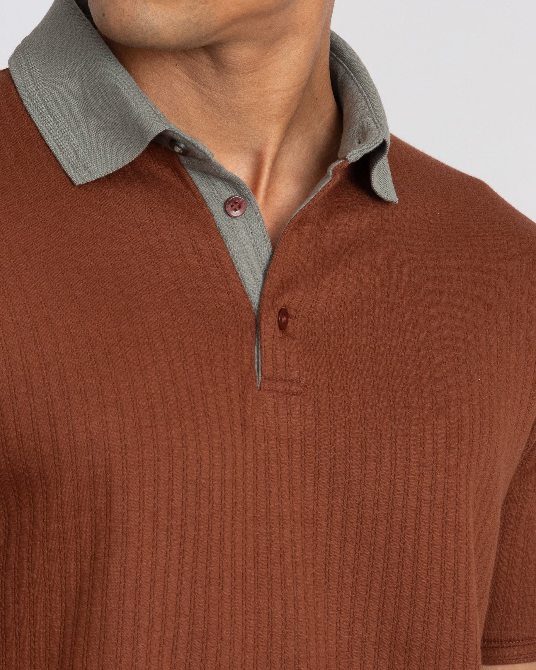 Aerotex Textured Polo - Coffee + Moss Shirt Collar