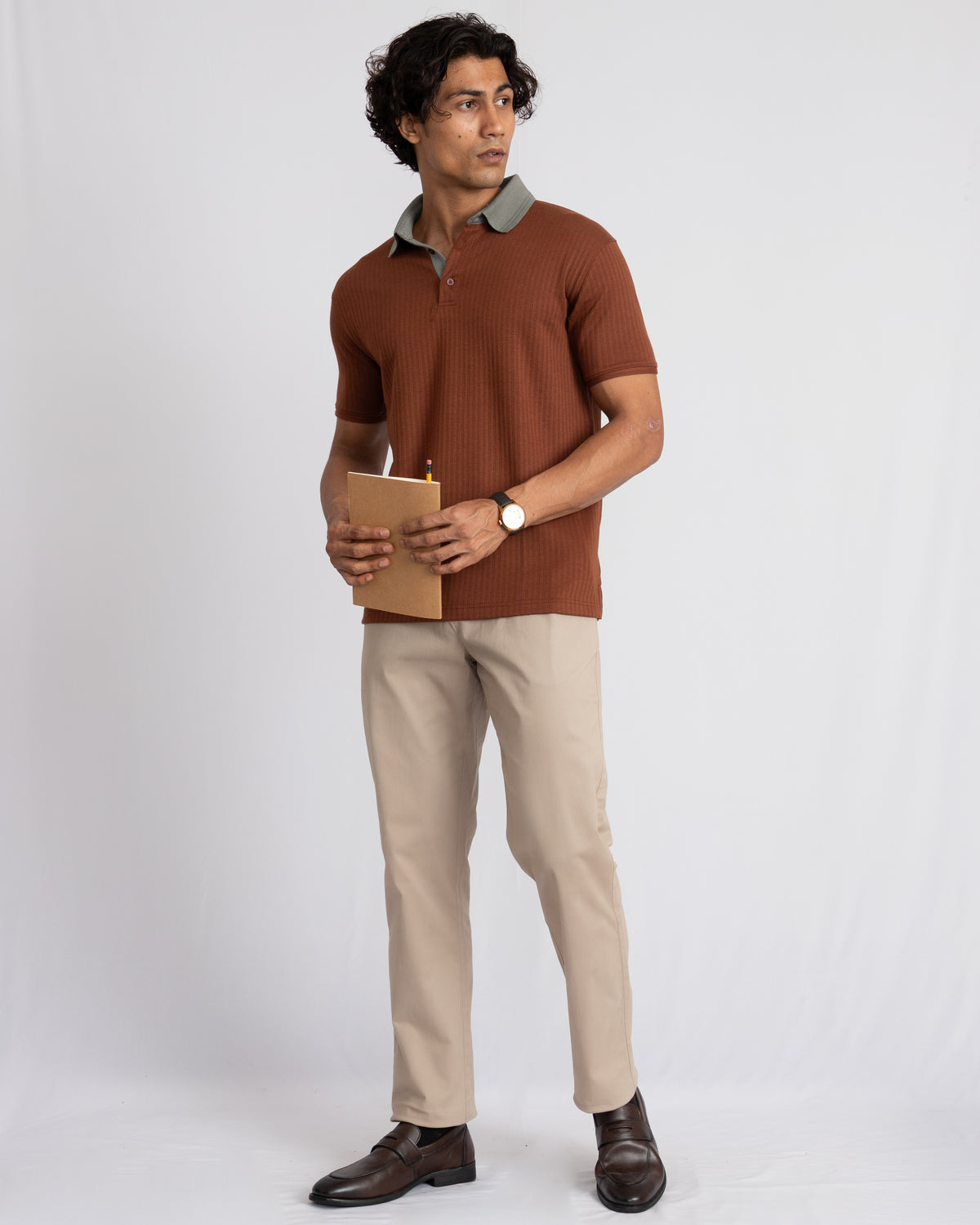 Aerotex Textured Polo - Coffee + Moss Shirt Collar