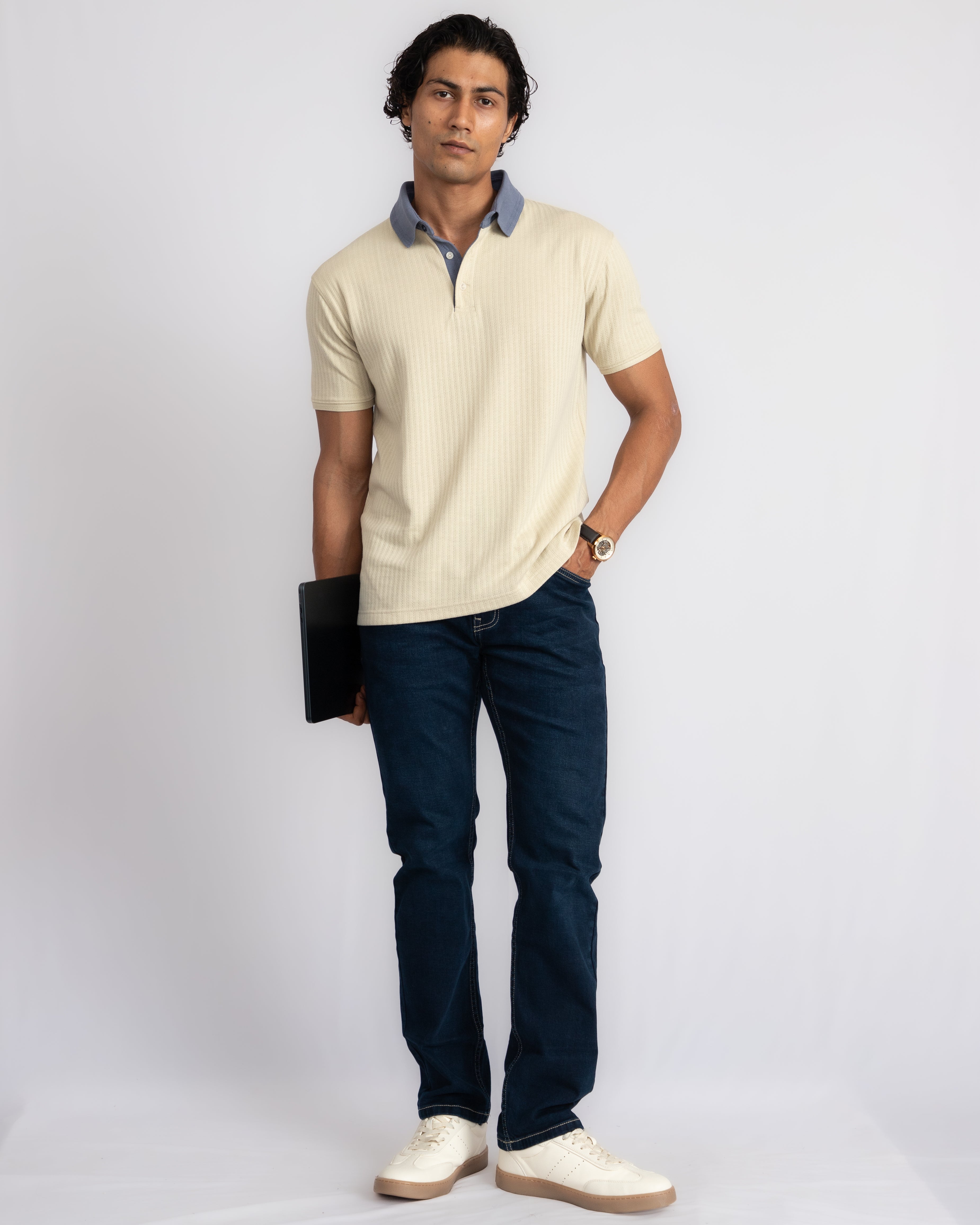 Aerotex Textured Polo - Butter + Cobalt Shirt-Collar