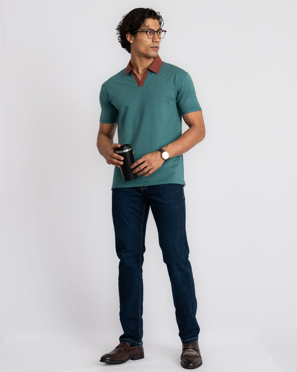 EverSharp Polo - No Ironing Needed - Emerald + Mocha V-Neck Collar