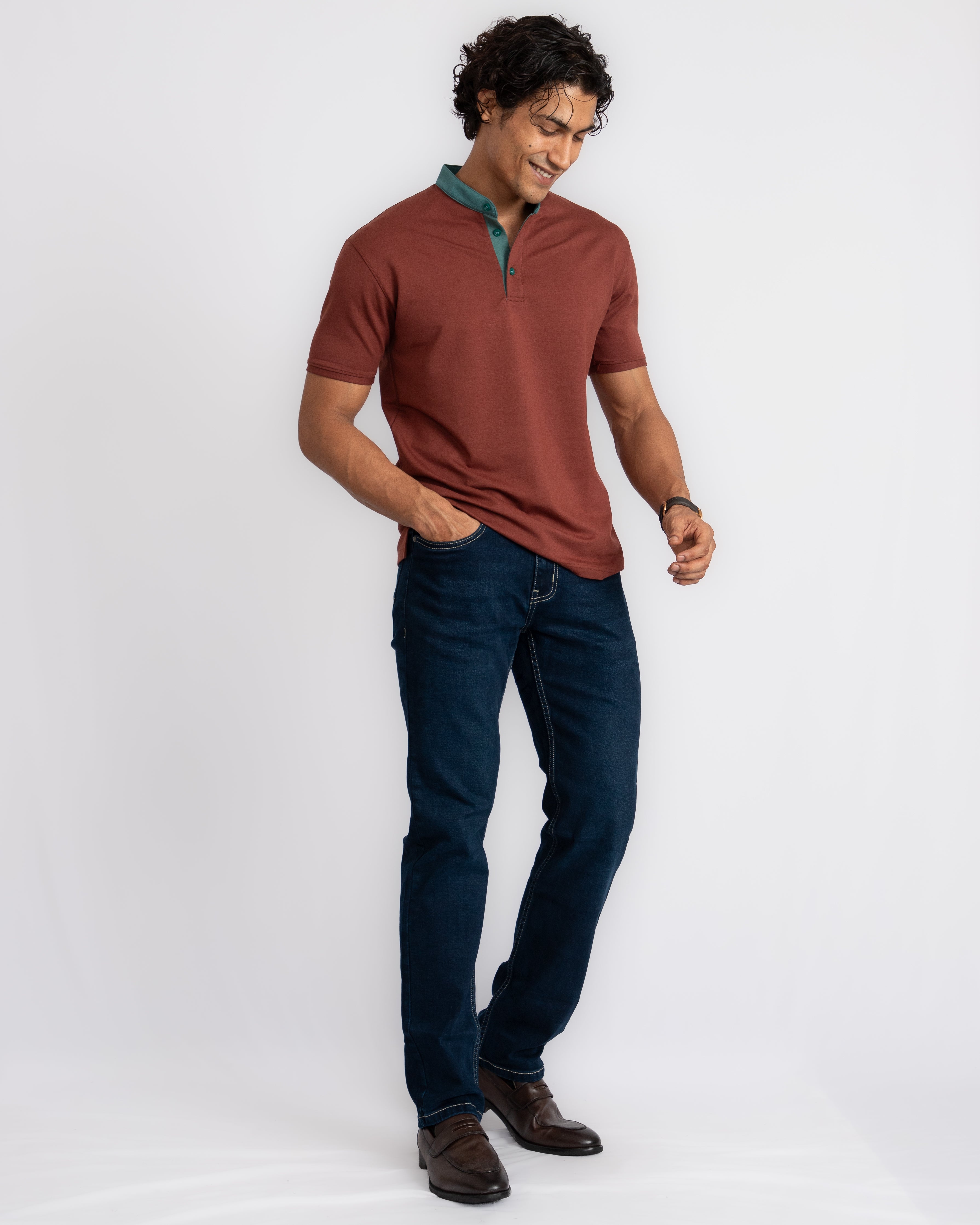 EverSharp Polo - No Ironing Needed - Mocha + Emerald Mandarin Collar