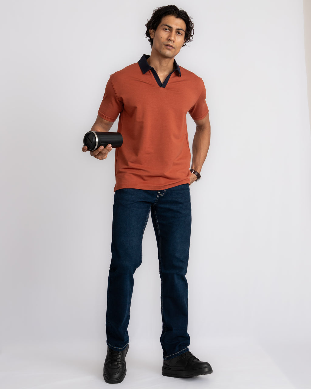 EverSharp Polo - No Ironing Needed - Rust + Navy V-Neck Collar