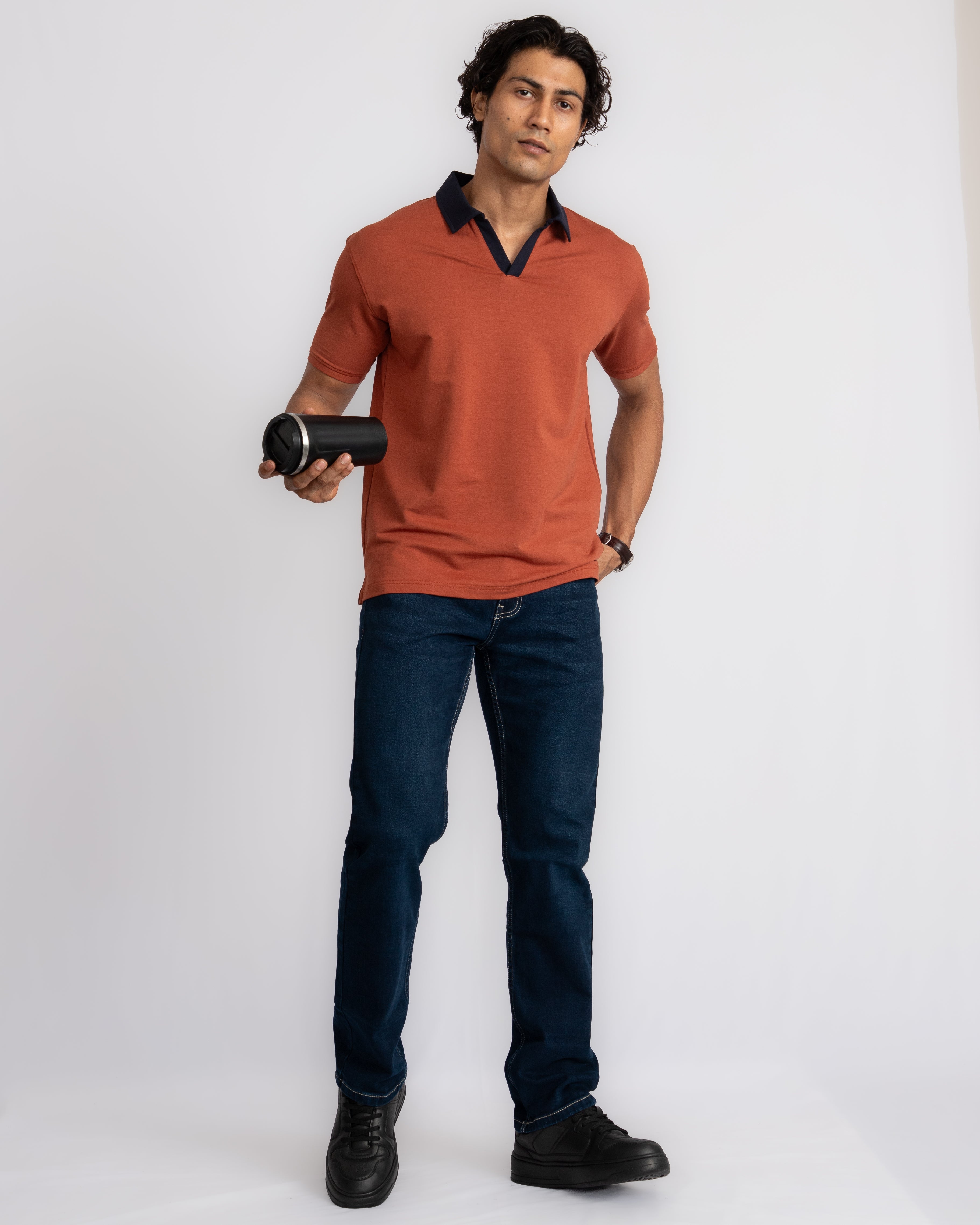 EverSharp Polo - No Ironing Needed - Rust + Navy V-Neck Collar
