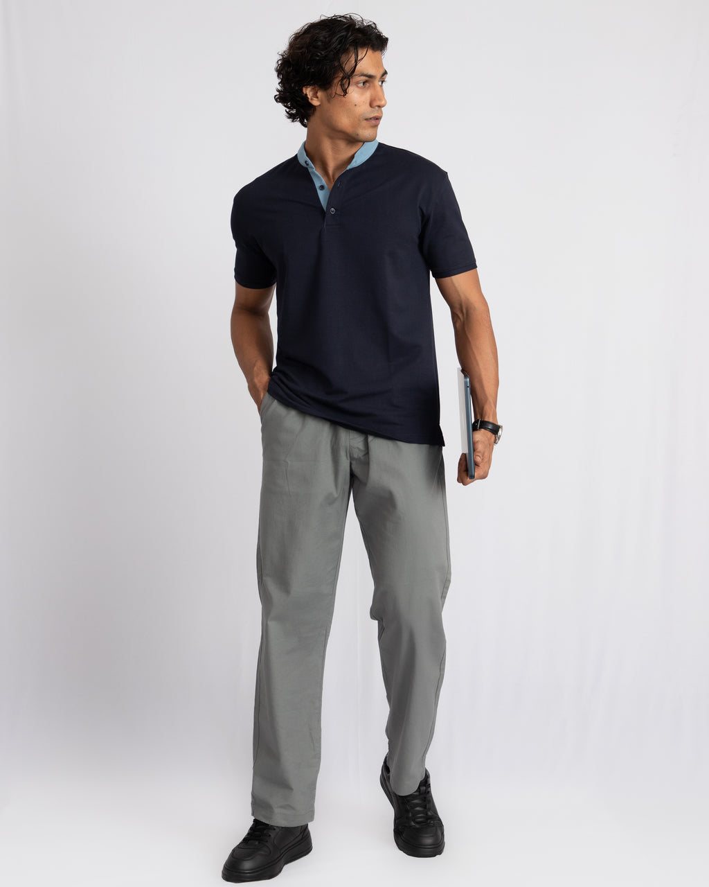 EverSharp Polo - No Ironing Needed - Navy + Sky Mandarin Collar