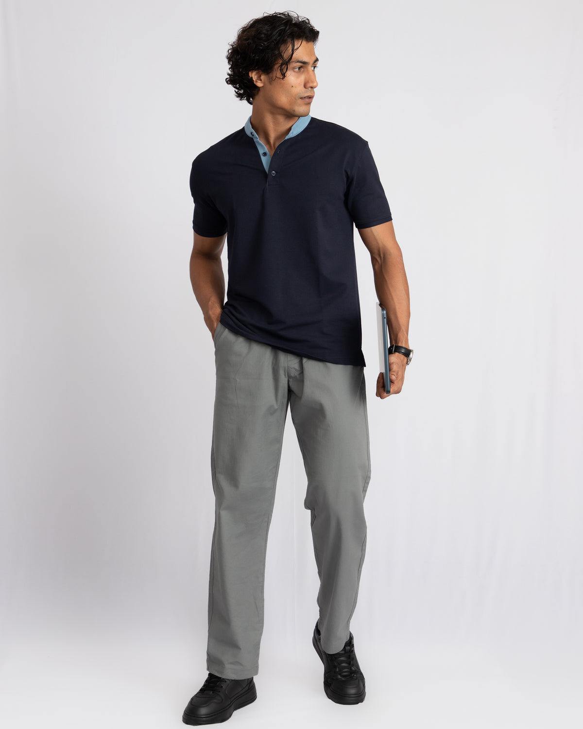 EverSharp Polo - No Ironing Needed - Navy + Sky Mandarin Collar