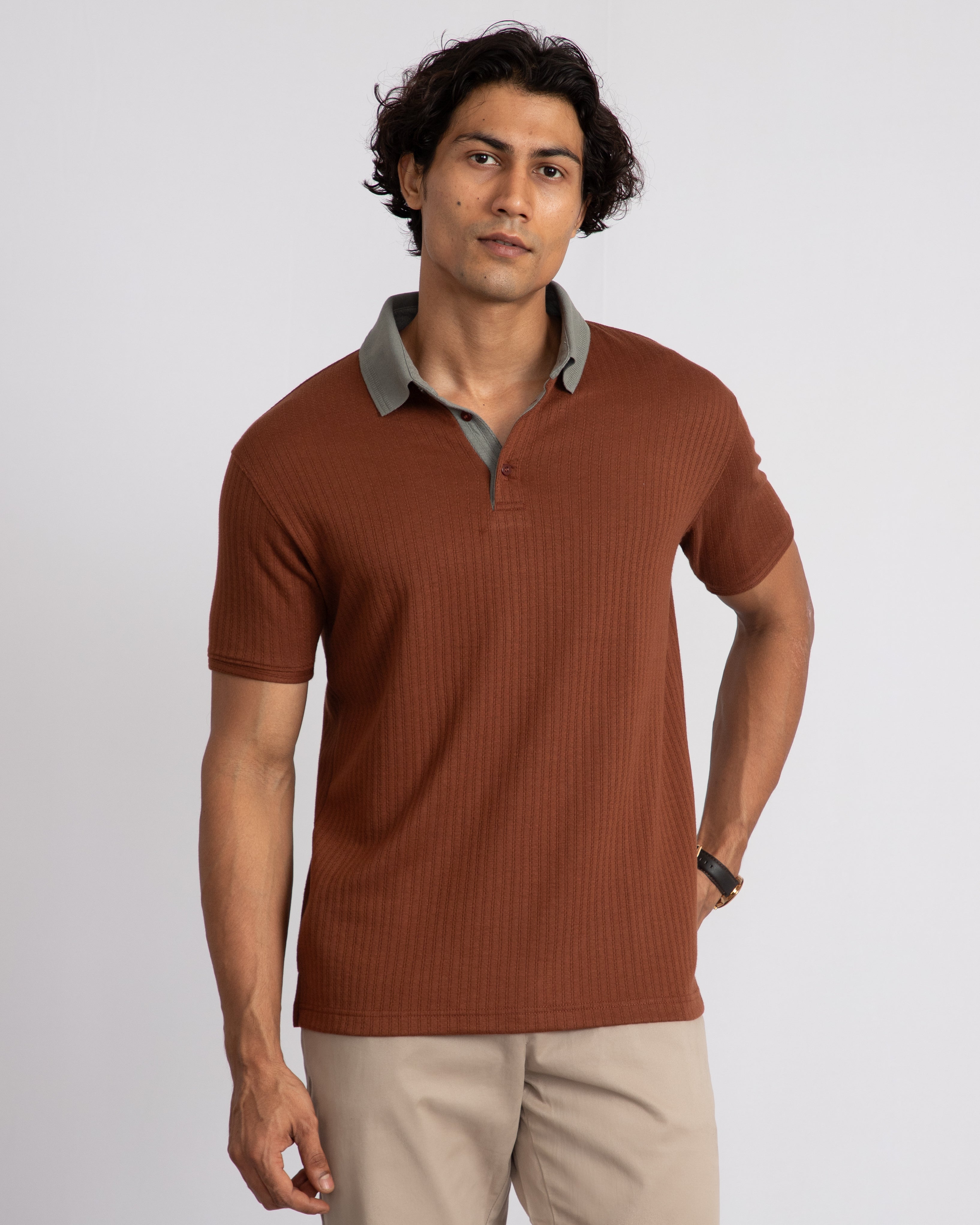 Aerotex Textured Polo - Coffee + Moss Shirt Collar