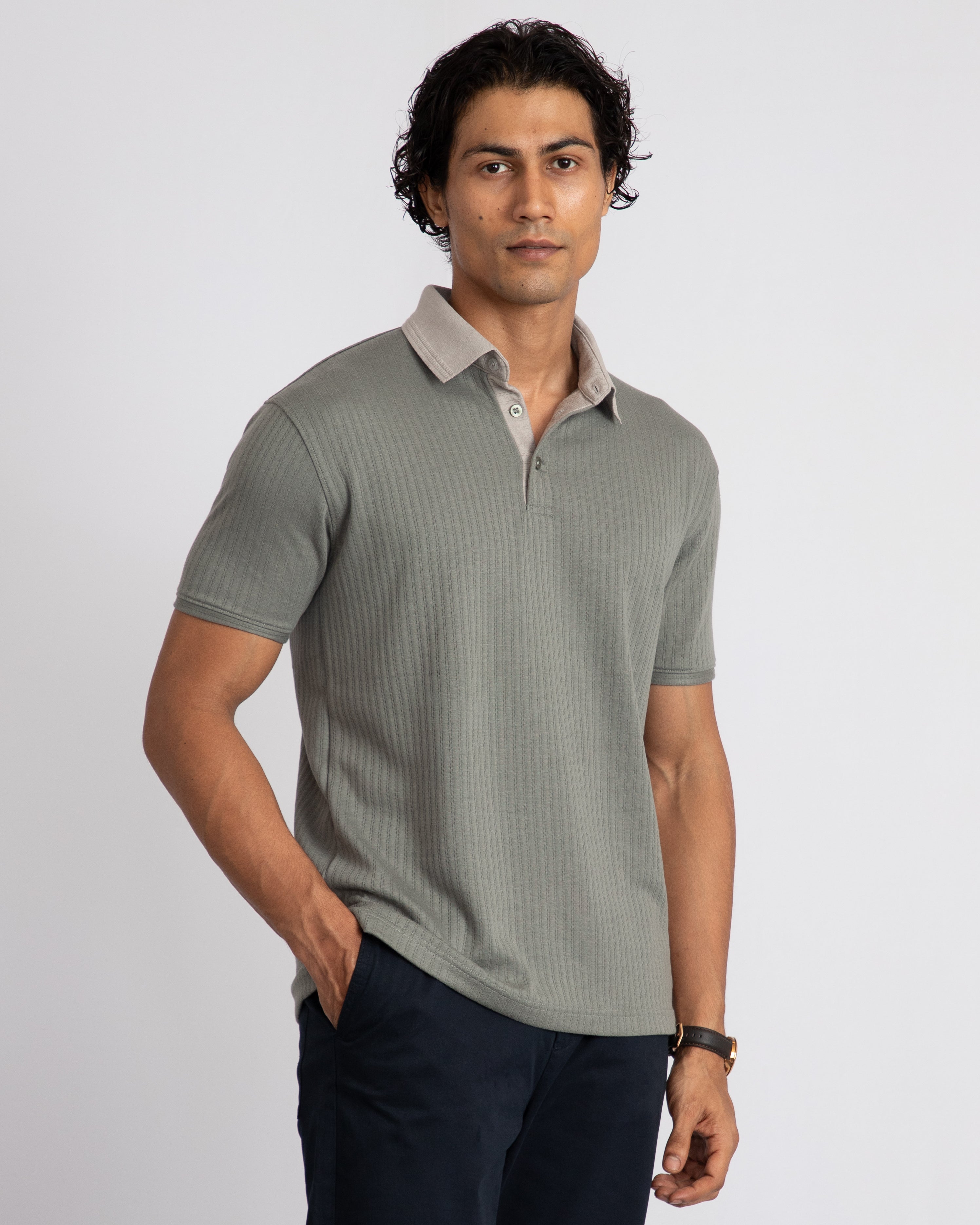 Aerotex Textured Polo - Moss + Concrete Shirt-Collar