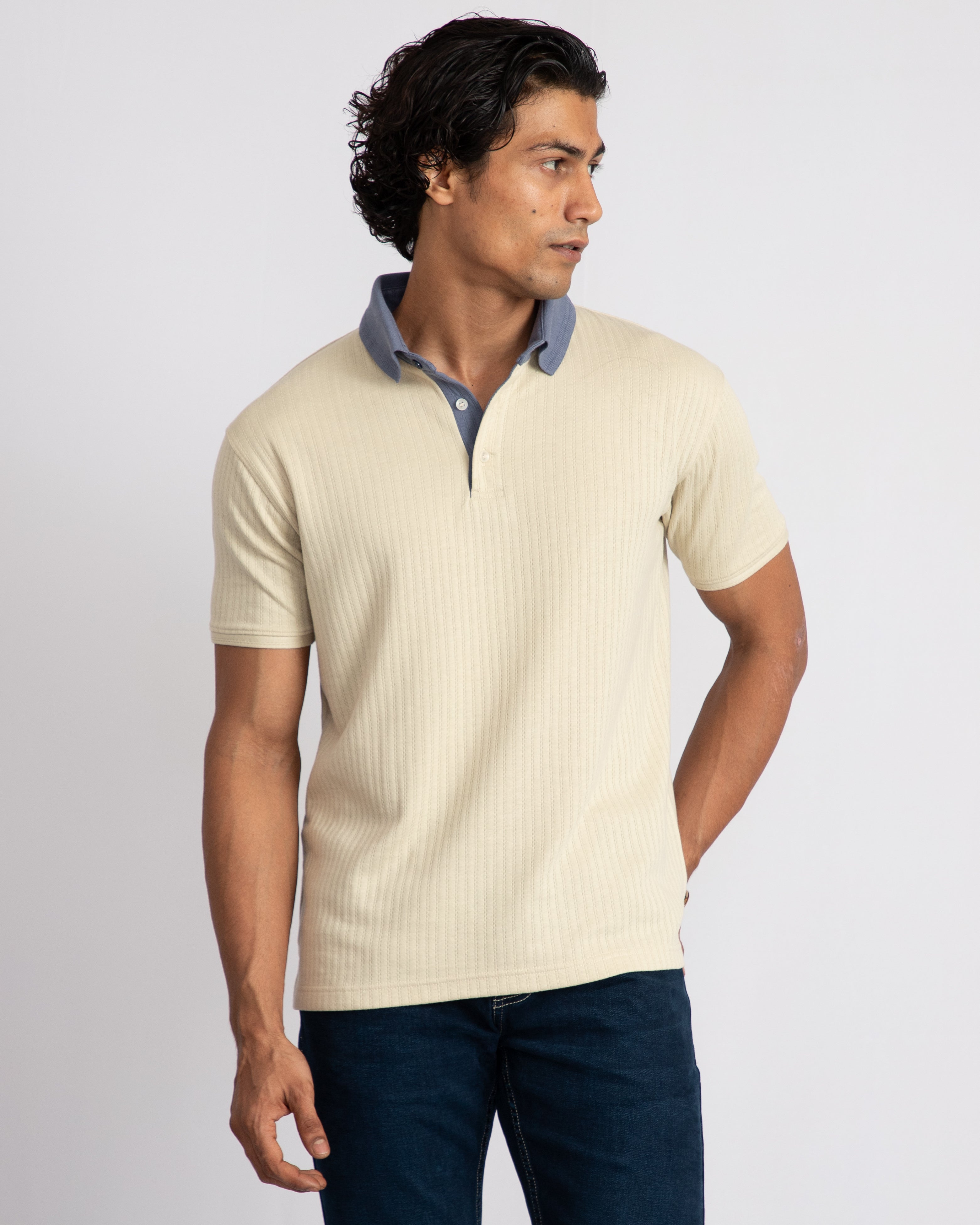 Aerotex Textured Polo - Butter + Cobalt Shirt-Collar