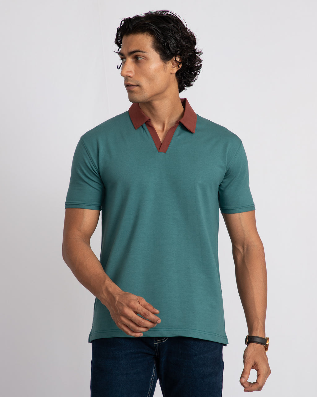 EverSharp Polo - No Ironing Needed - Emerald + Mocha V-Neck Collar