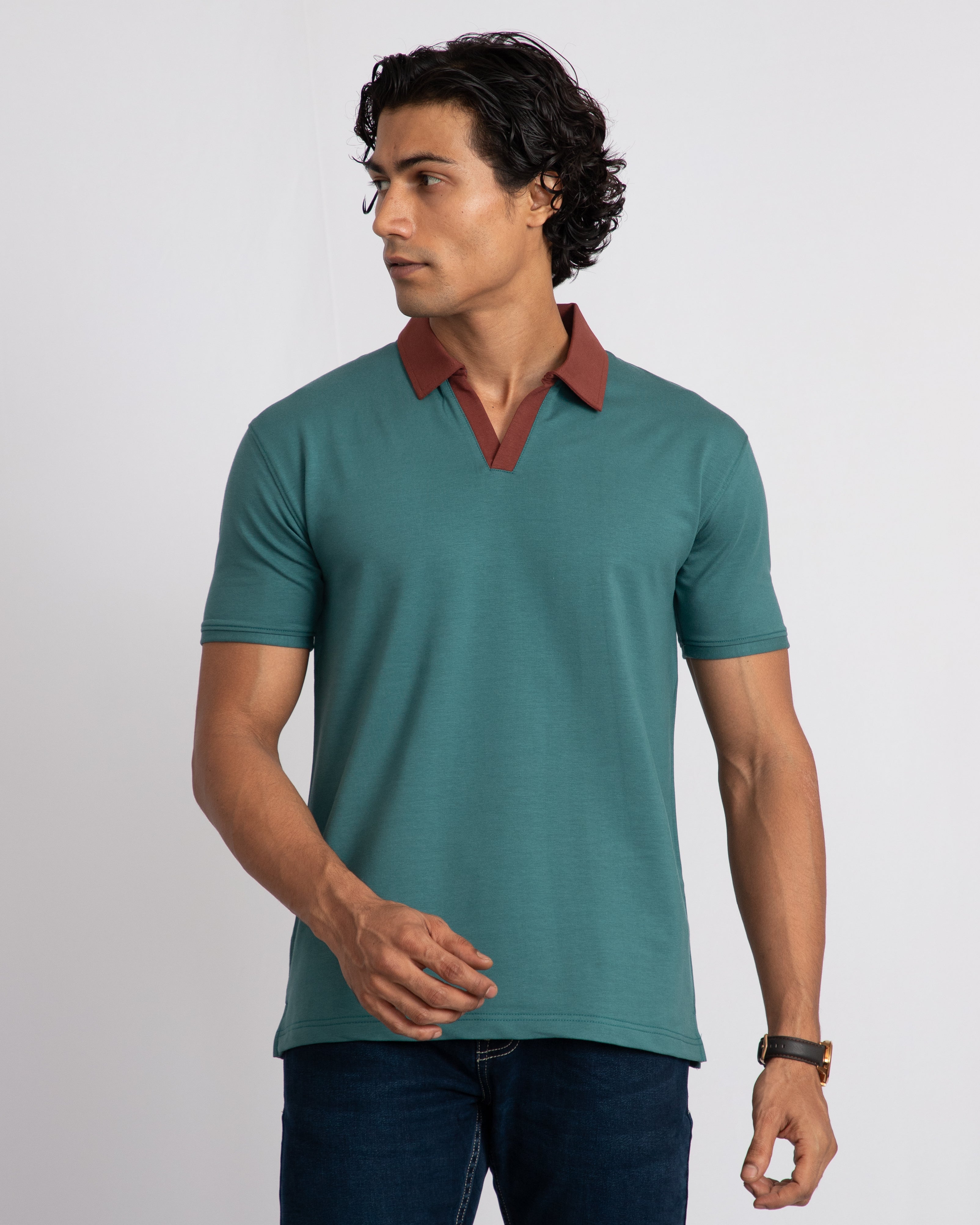 EverSharp Polo - No Ironing Needed - Emerald + Mocha V-Neck Collar