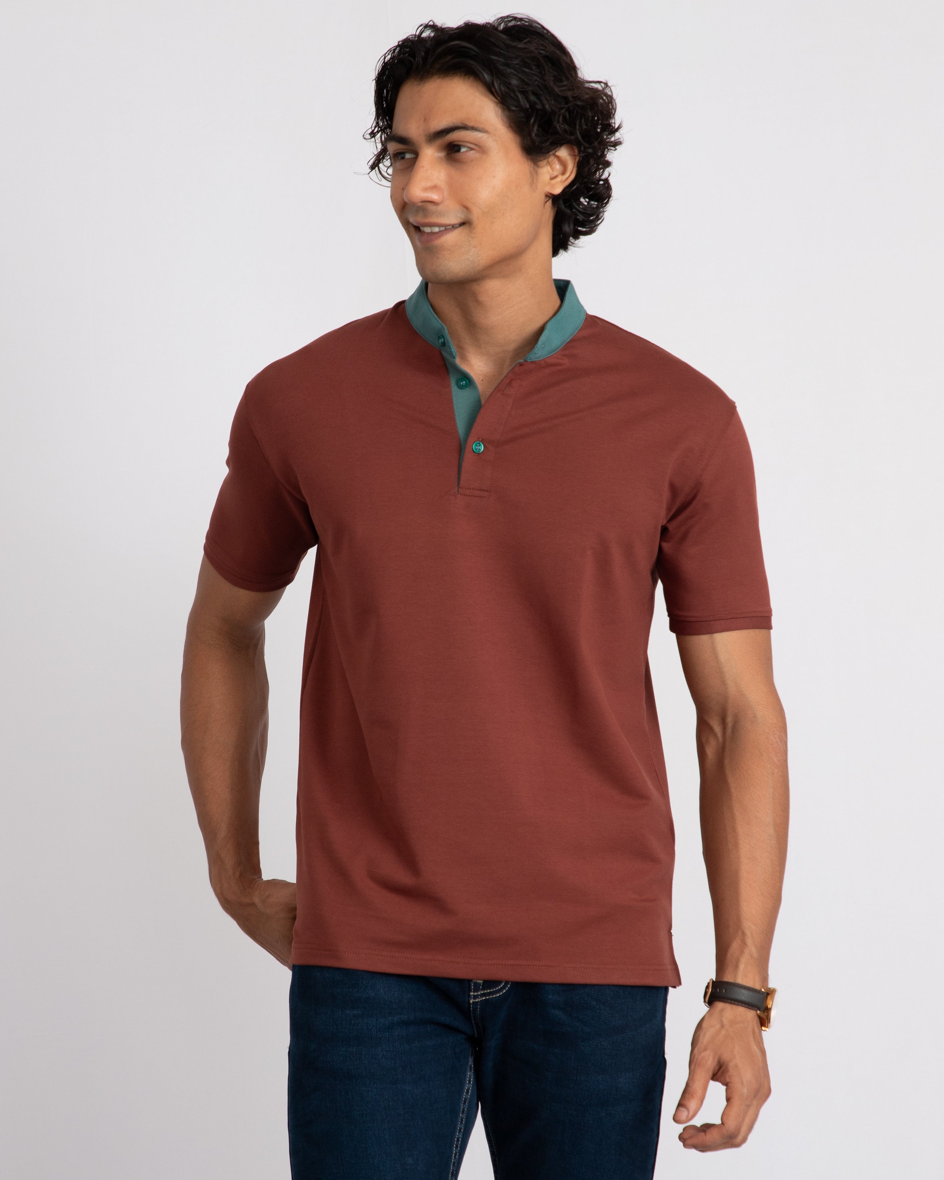 EverSharp Polo - No Ironing Needed - Mocha + Emerald Mandarin Collar