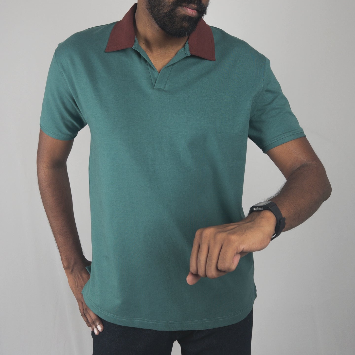 Dual Tone Emerald-Mocha V-Neck Polo